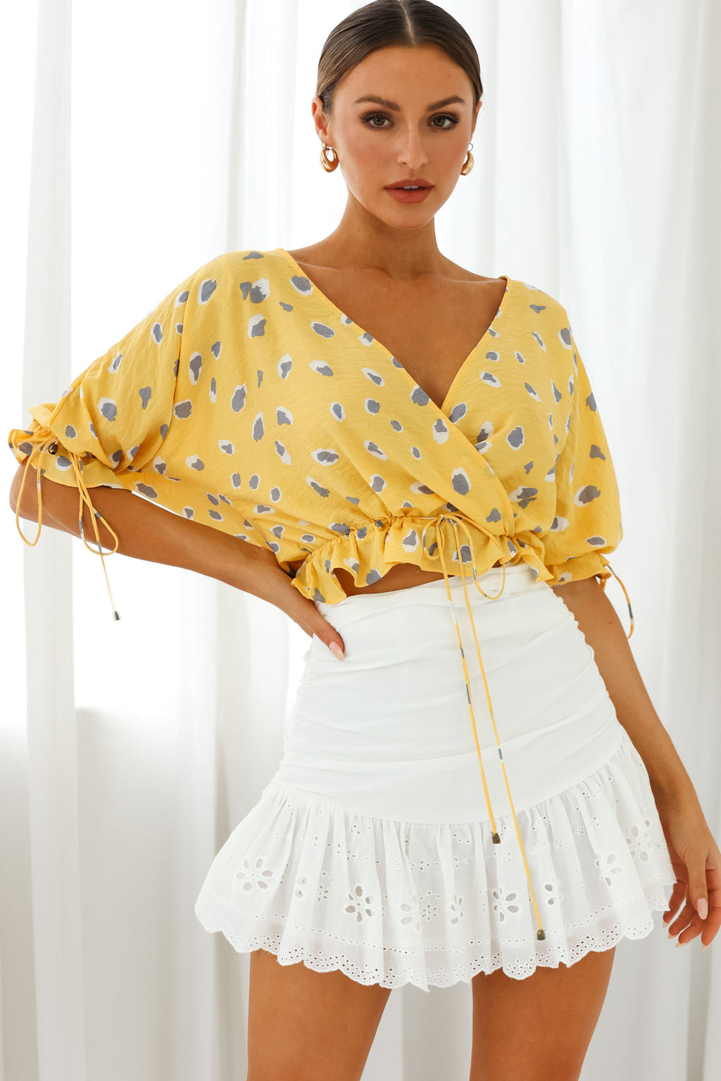 Distant Sun Drawstring Waist Crop Top Animal Print Yellow by Selfie Leslie