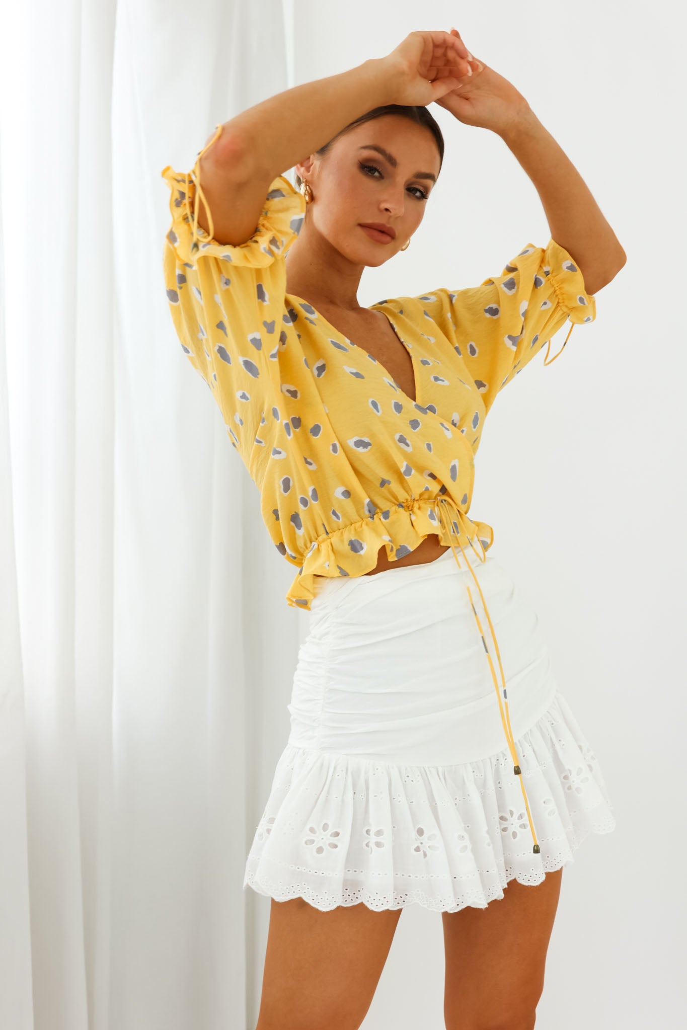 Distant Sun Drawstring Waist Crop Top Animal Print Yellow by Selfie Leslie