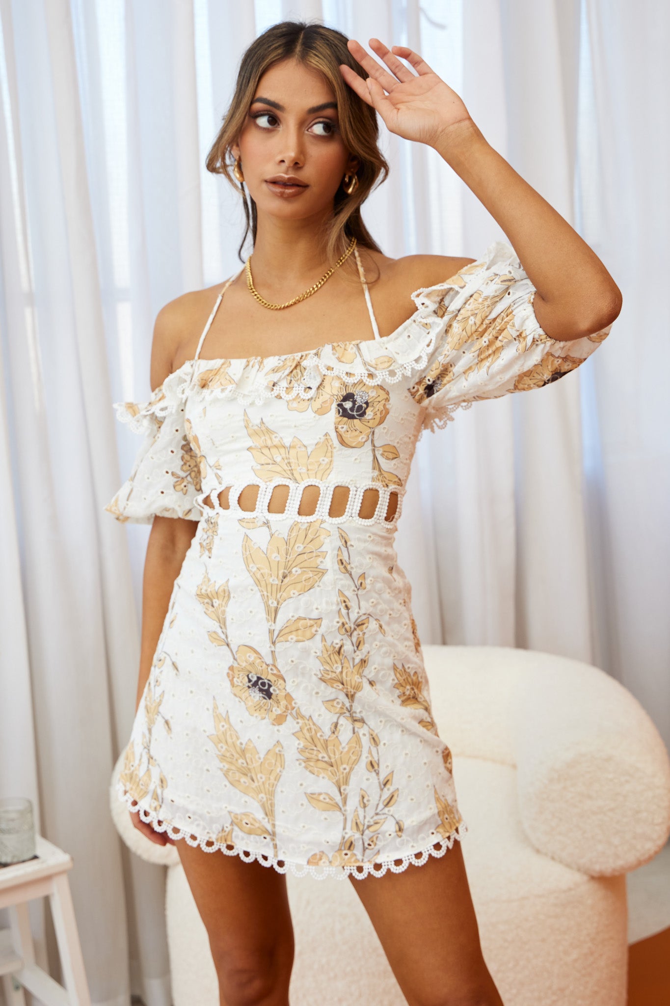 Happy Days Halterneck Puff Sleeve Eyelet Dress Floral Print Sunflower by Selfie Leslie