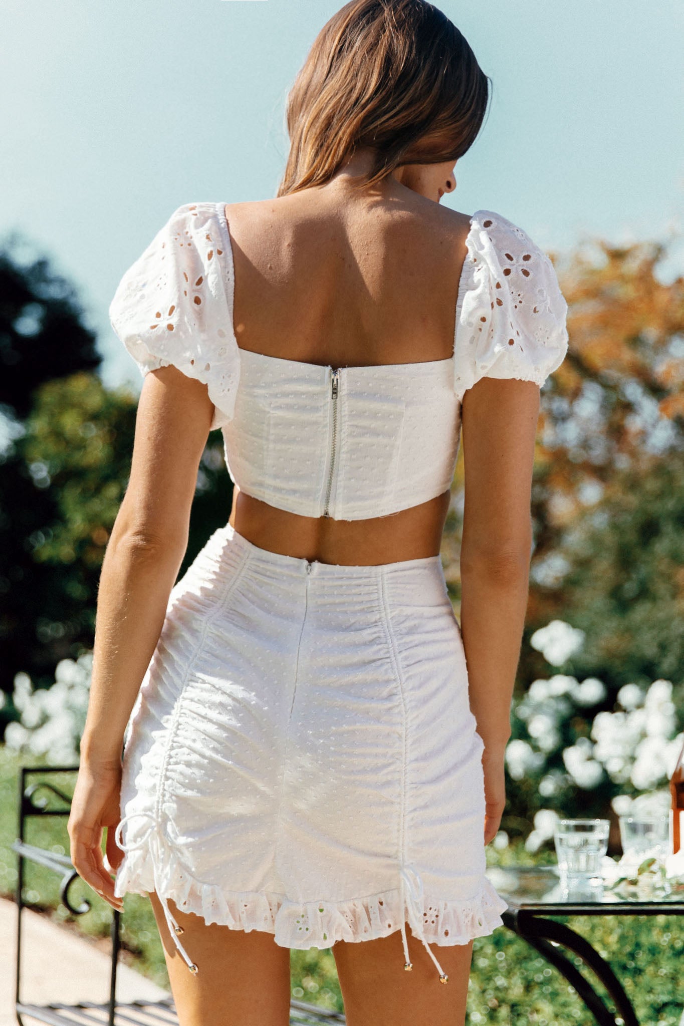 Sweet September Bust Tie Puff Sleeve Crop Top White by Selfie Leslie