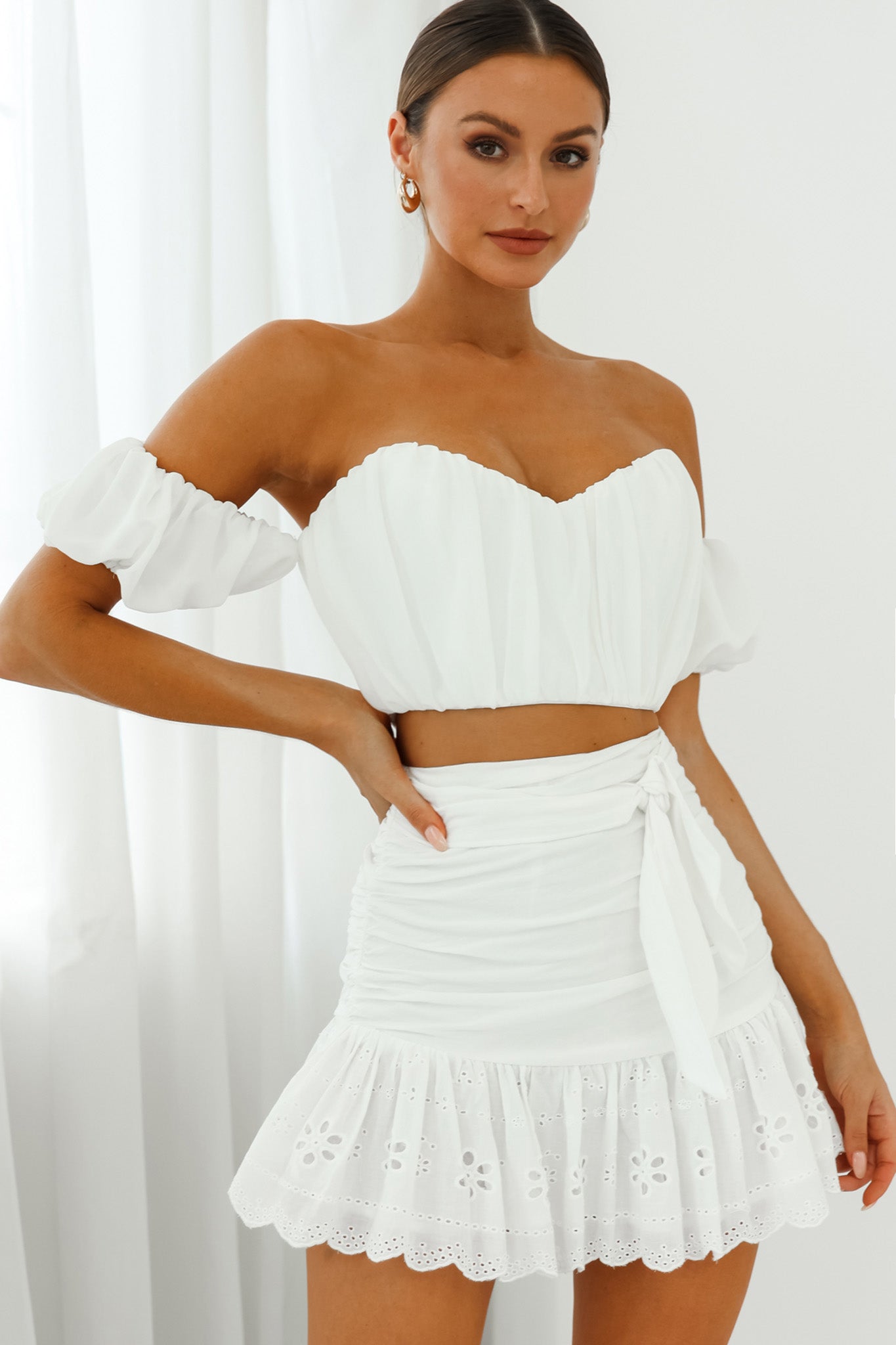 Bisous Sweetheart Neckline Ruched Off-Shoulder Crop Top White by Selfie Leslie