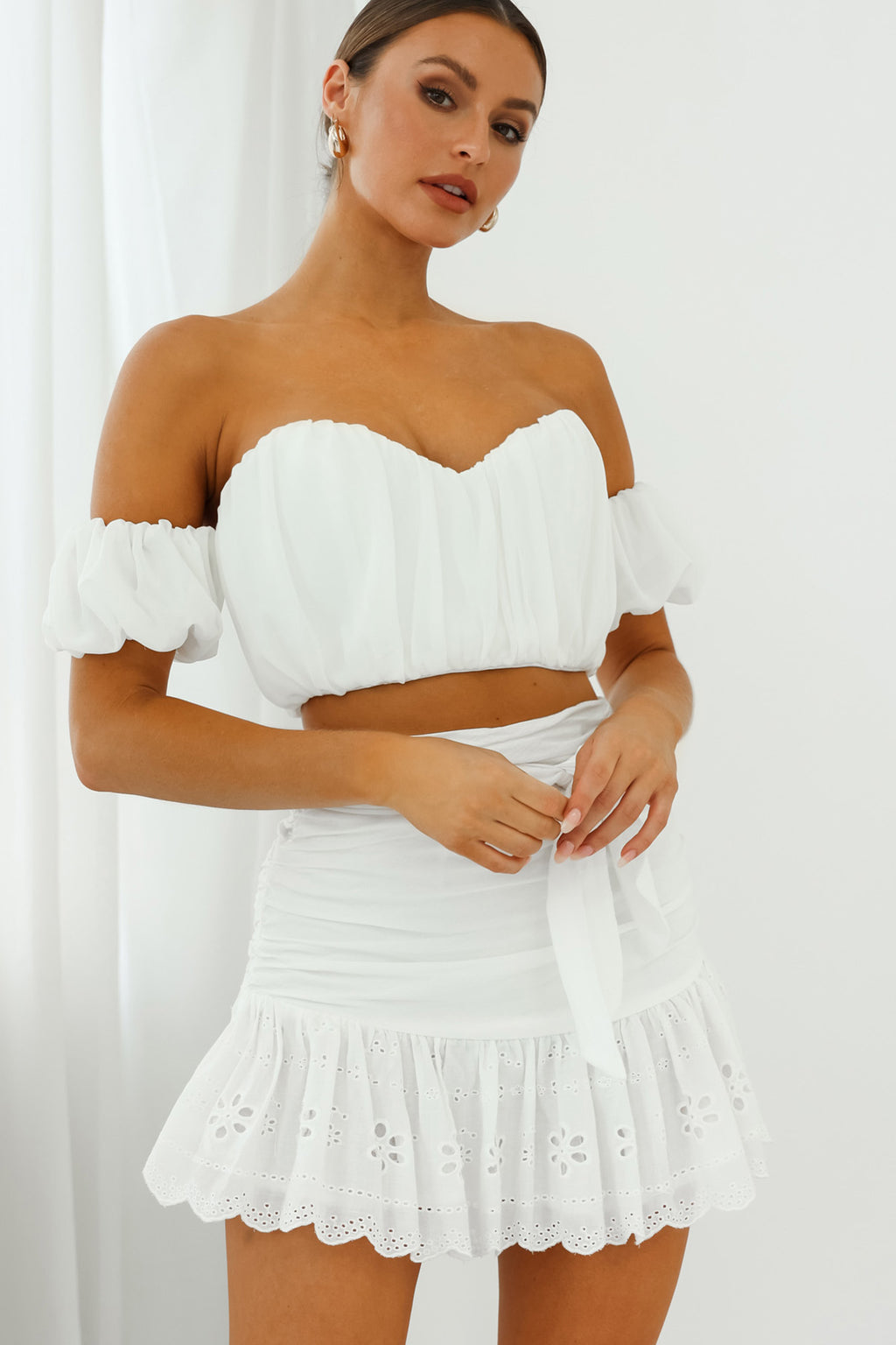 Bisous Sweetheart Neckline Ruched Off-Shoulder Crop Top White by Selfie Leslie