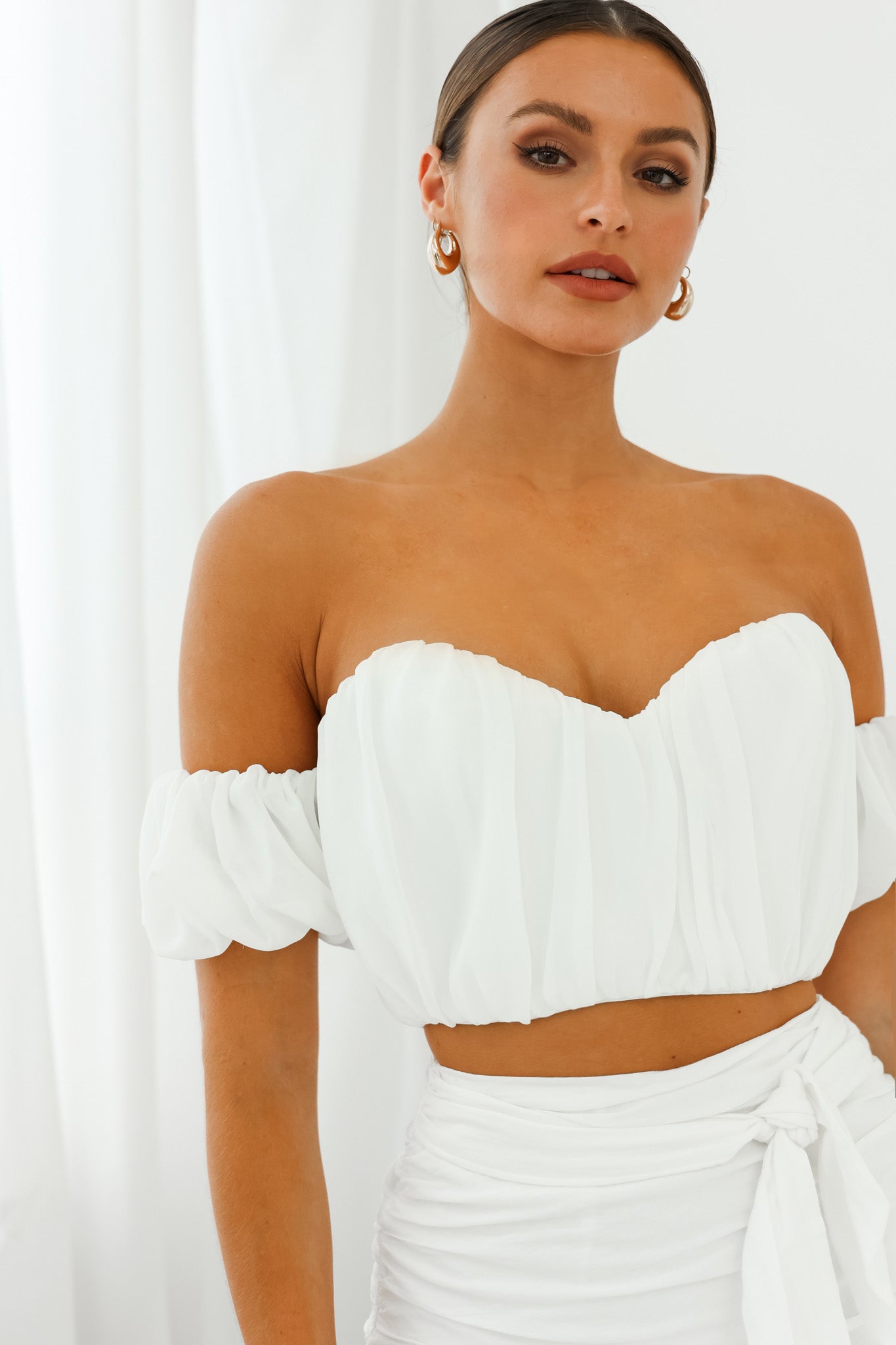 Bisous Sweetheart Neckline Ruched Off-Shoulder Crop Top White by Selfie Leslie