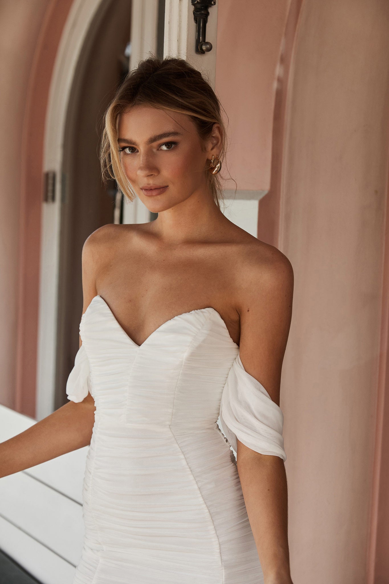 Evelina Draped Sleeve Sweetheart Neckline Ruched Dress White by Selfie Leslie