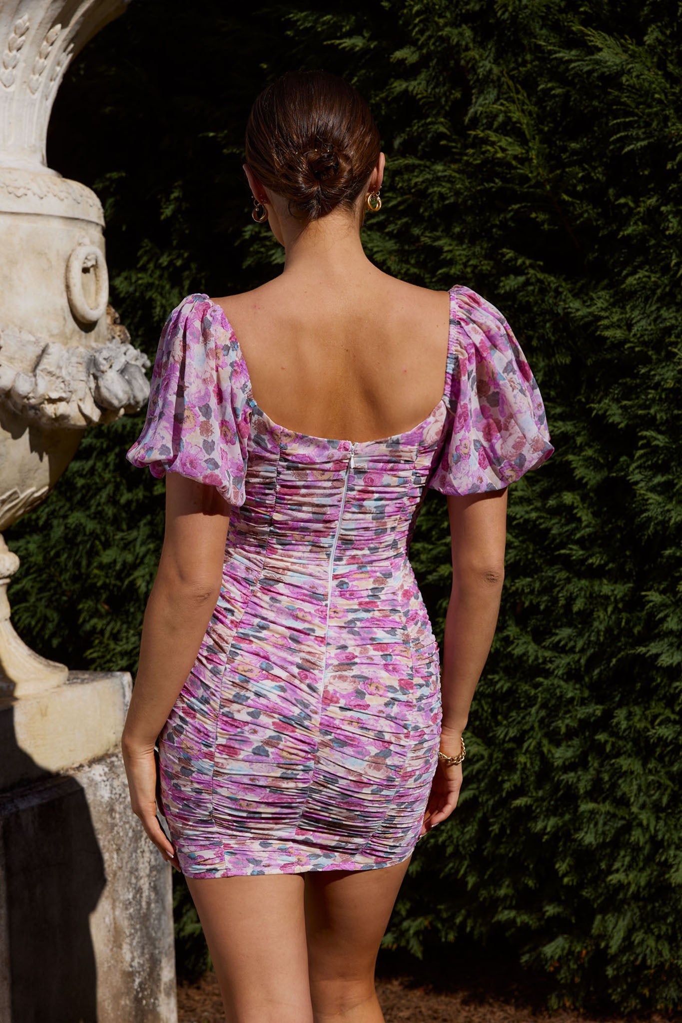 Magic Moment Ruched Drawstring Mini Dress Rose Print Purple by Selfie Leslie