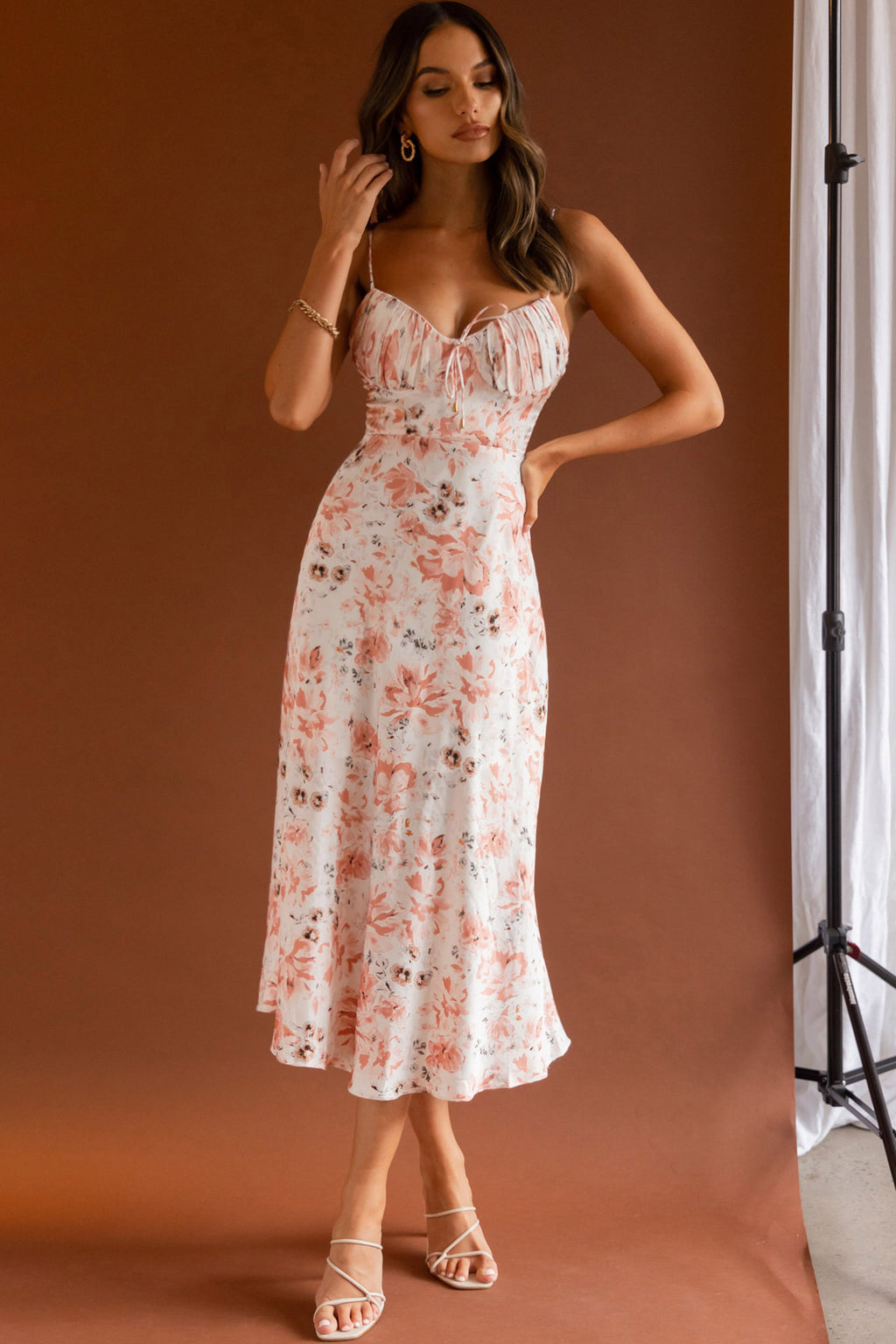 Malibu Gathered Bust Cami Strap Midi Dress Floral Pink– Selfie Leslie