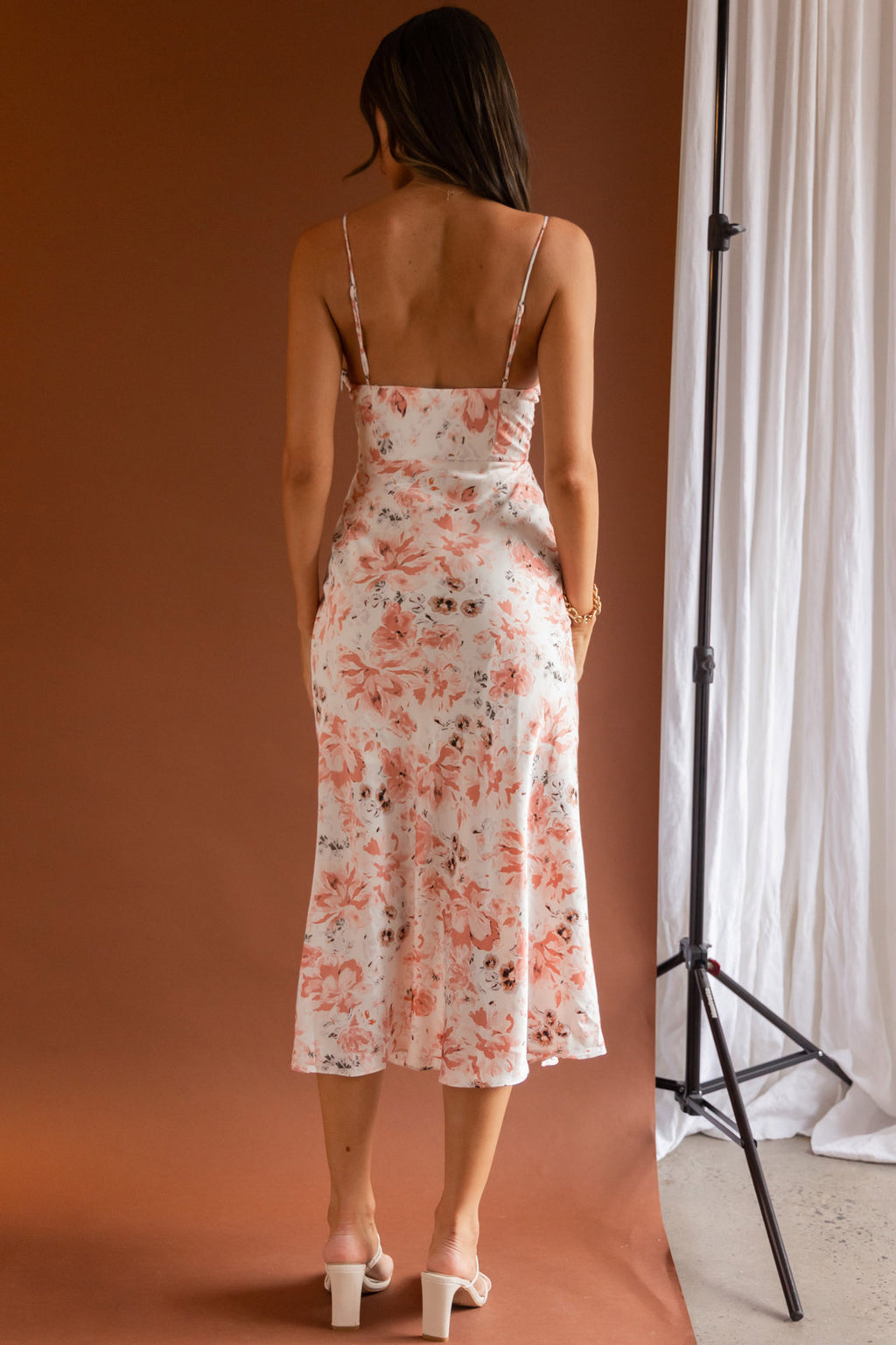 Malibu Gathered Bust Cami Strap Midi Dress Floral Pink by Selfie Leslie