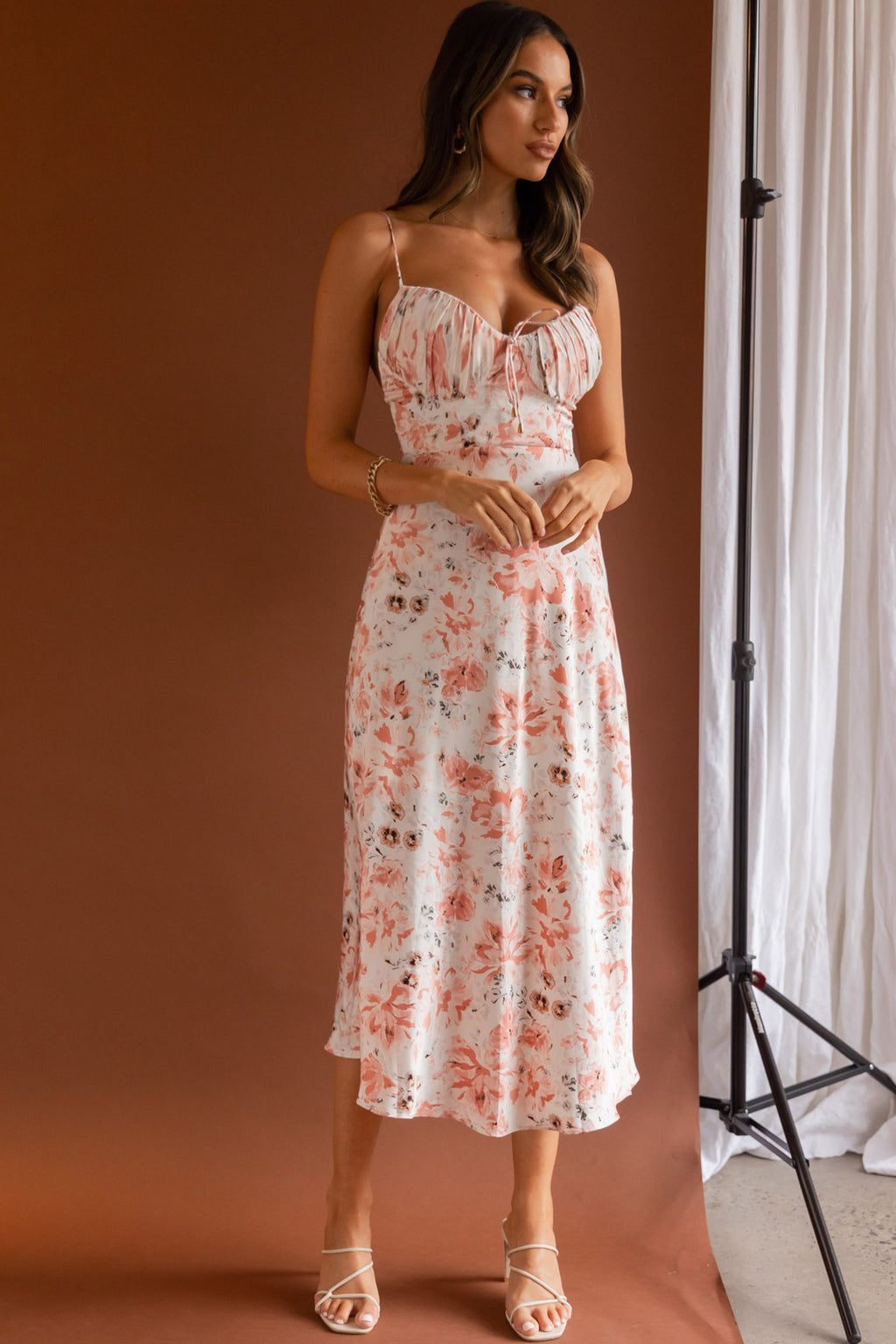 Malibu Gathered Bust Cami Strap Midi Dress Floral Pink by Selfie Leslie