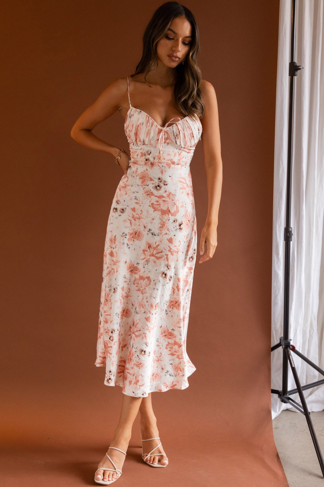 Malibu Gathered Bust Cami Strap Midi Dress Floral Pink by Selfie Leslie