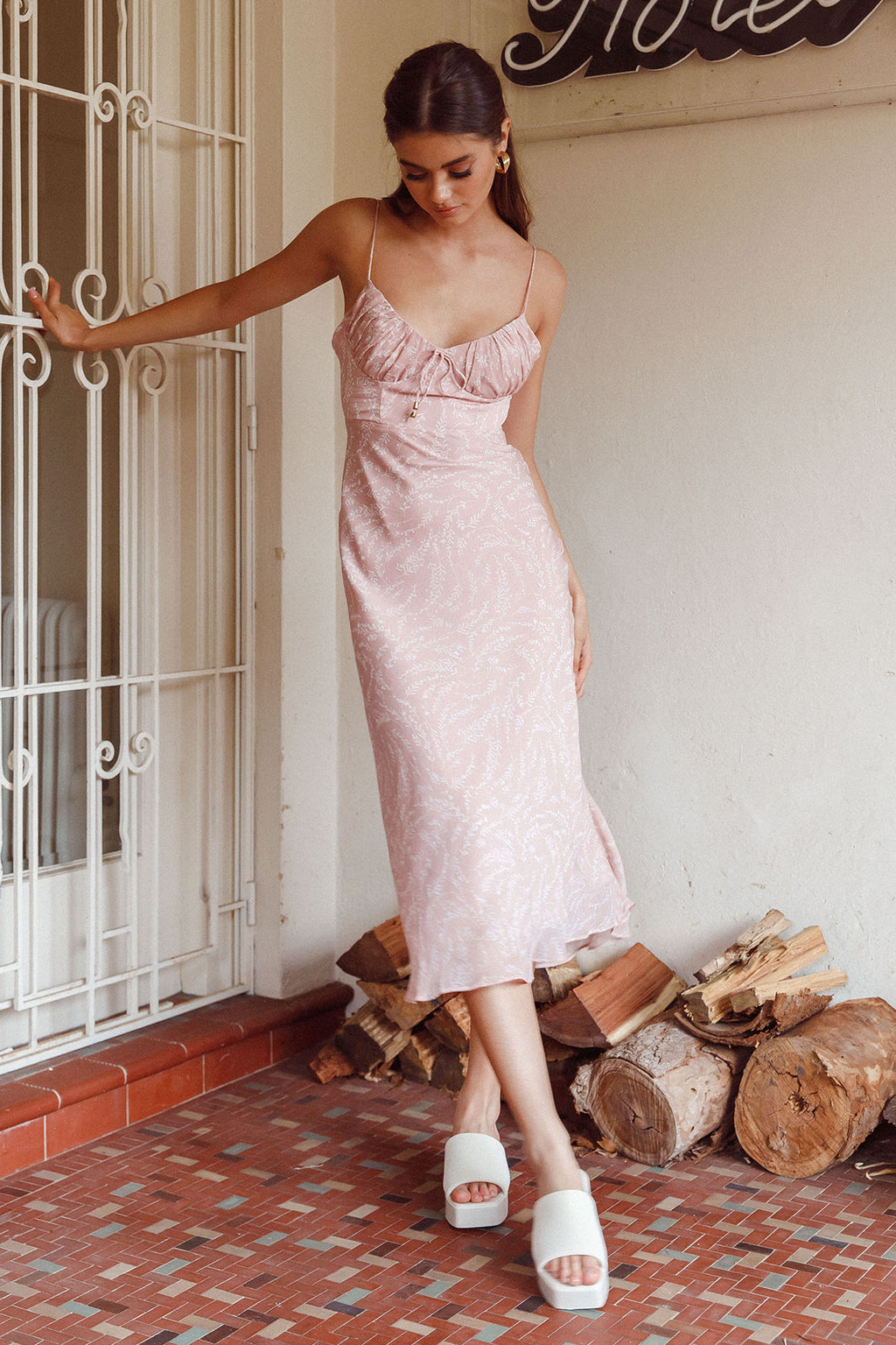 Malibu Gathered Bust Cami Strap Midi Dress Spring Pink by Selfie Leslie