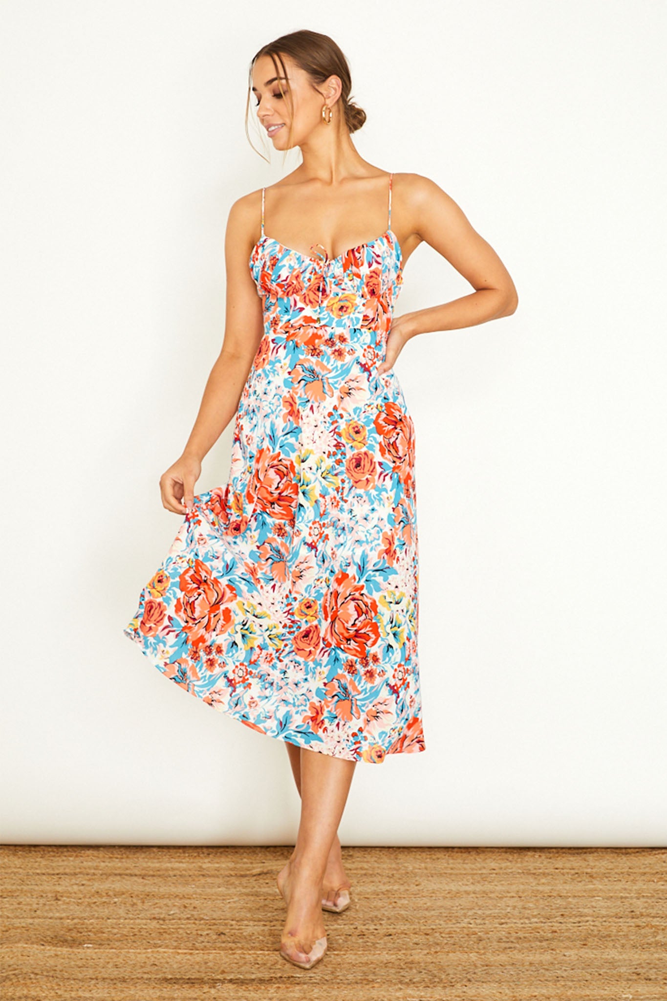 Malibu Gathered Bust Cami Strap Midi Dress Floral Orange by Selfie Leslie