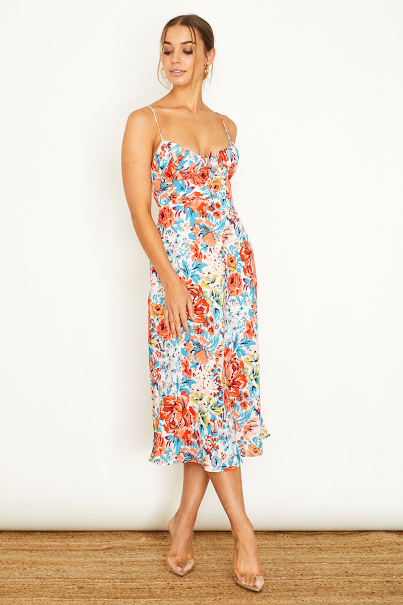 Malibu Gathered Bust Cami Strap Midi Dress Floral Orange by Selfie Leslie
