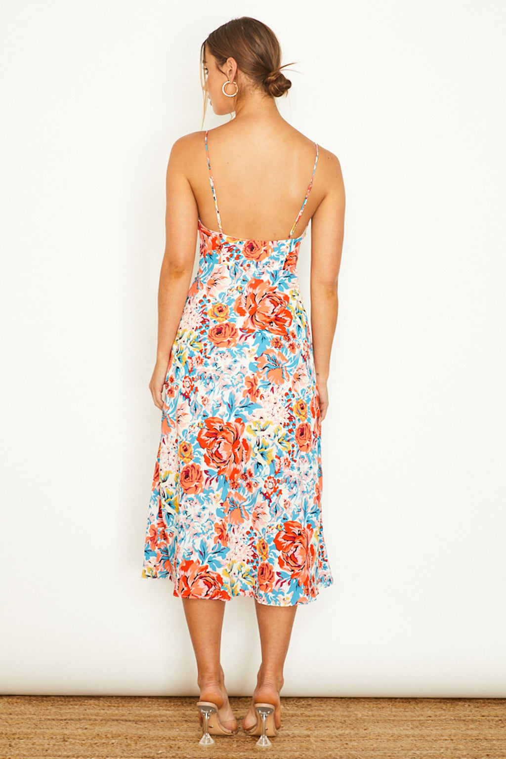 Malibu Gathered Bust Cami Strap Midi Dress Floral Orange by Selfie Leslie
