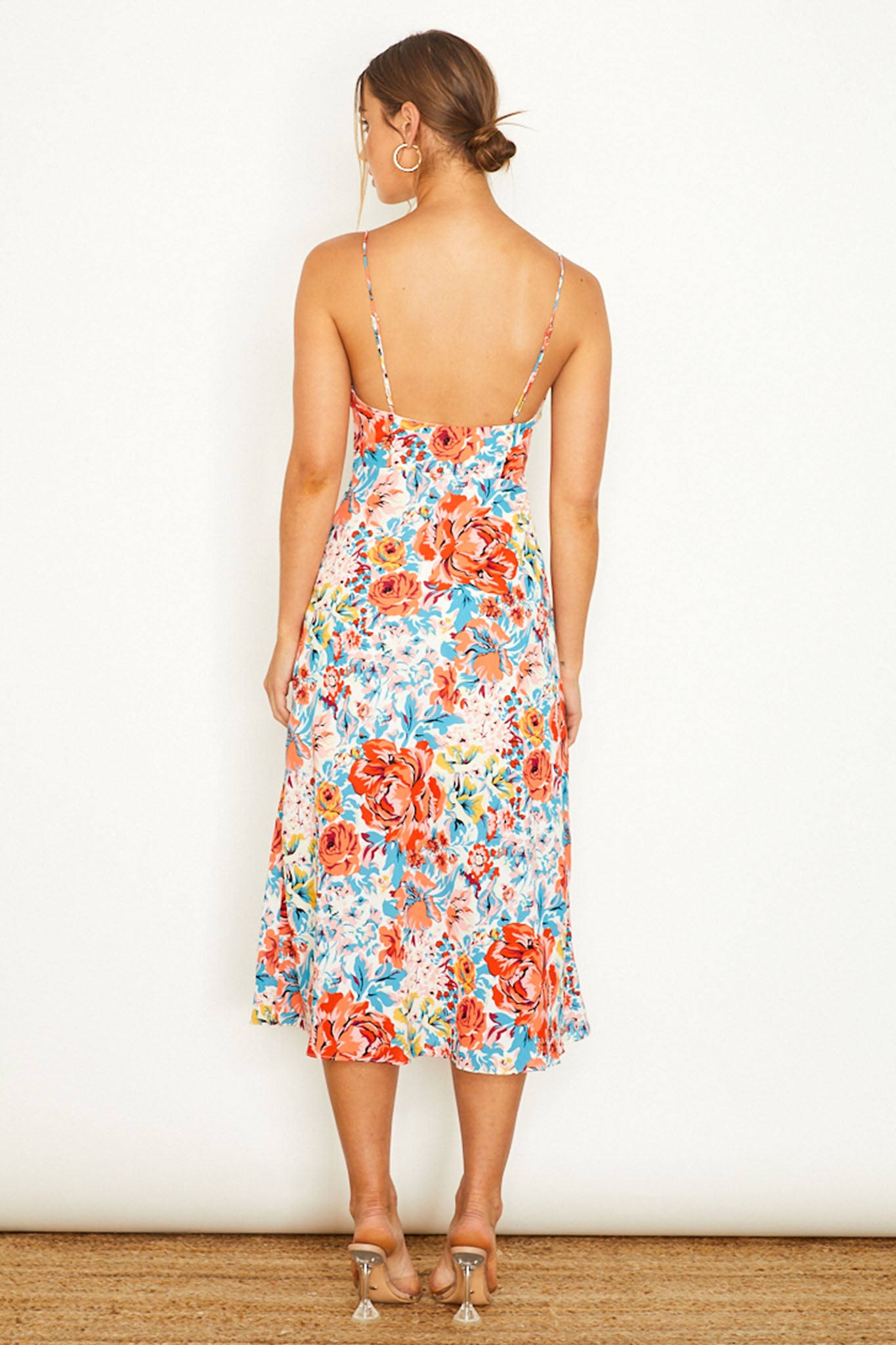 Malibu Gathered Bust Cami Strap Midi Dress Floral Orange by Selfie Leslie