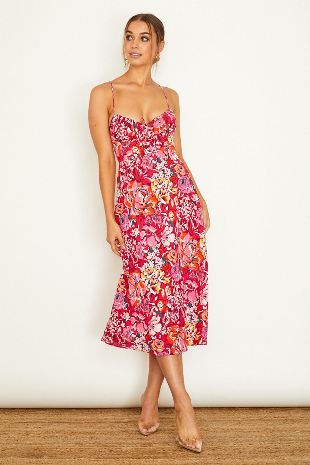 Malibu Gathered Bust Cami Strap Midi Dress Floral Red by Selfie Leslie