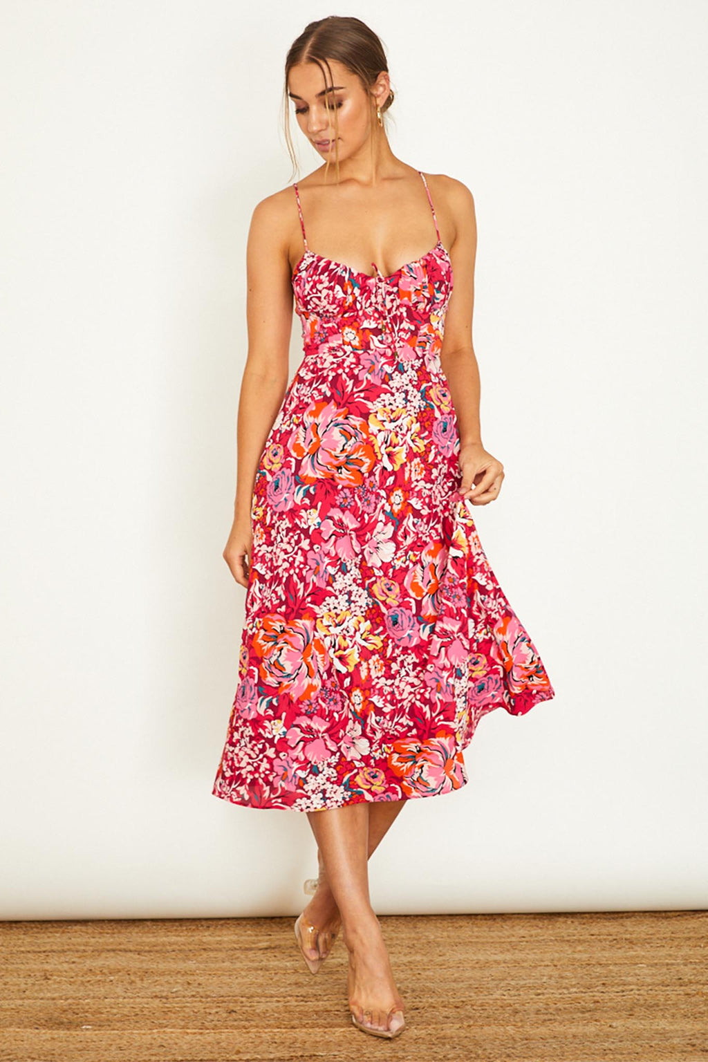 Malibu Gathered Bust Cami Strap Midi Dress Floral Red by Selfie Leslie