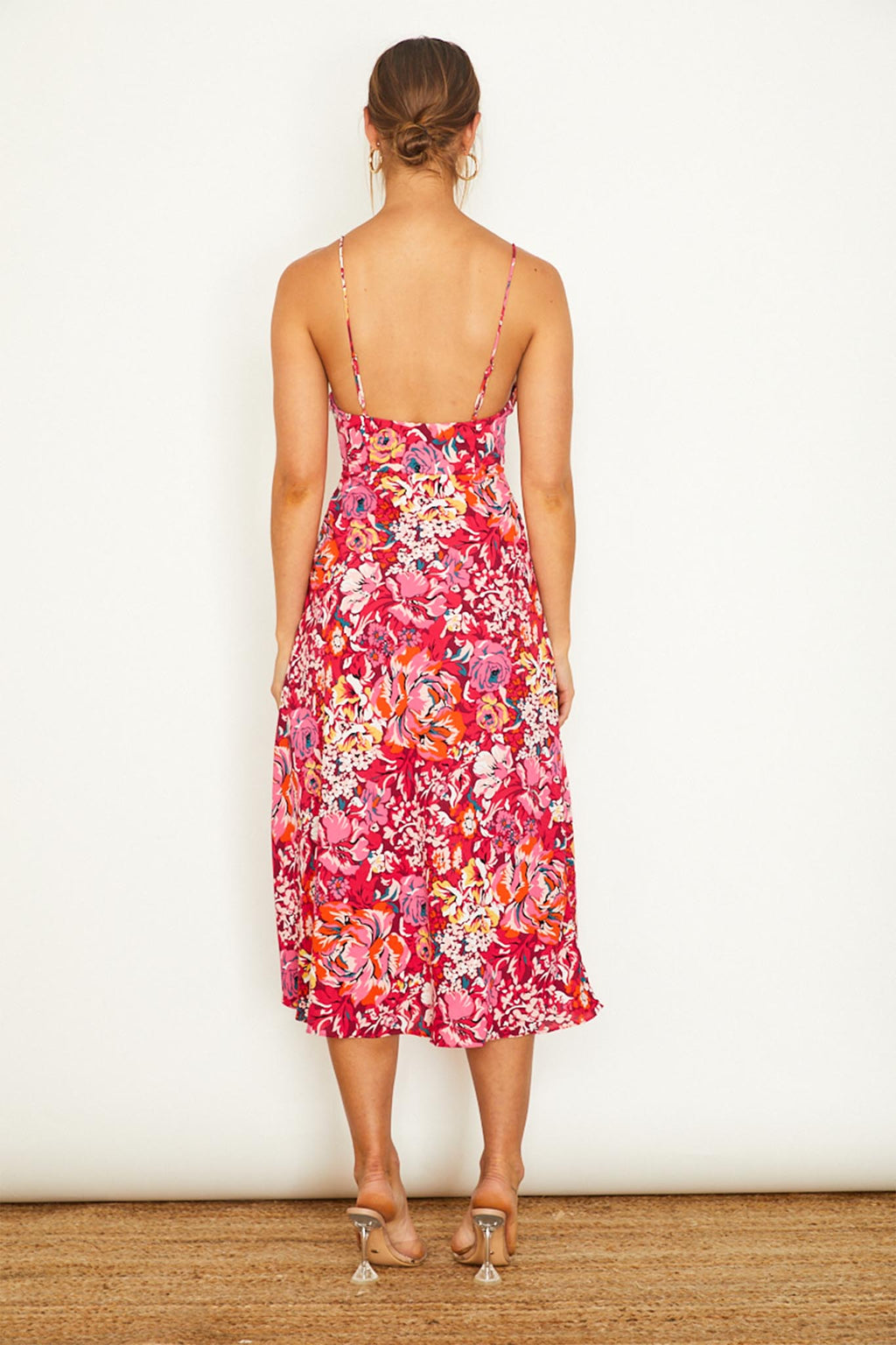 Malibu Gathered Bust Cami Strap Midi Dress Floral Red by Selfie Leslie