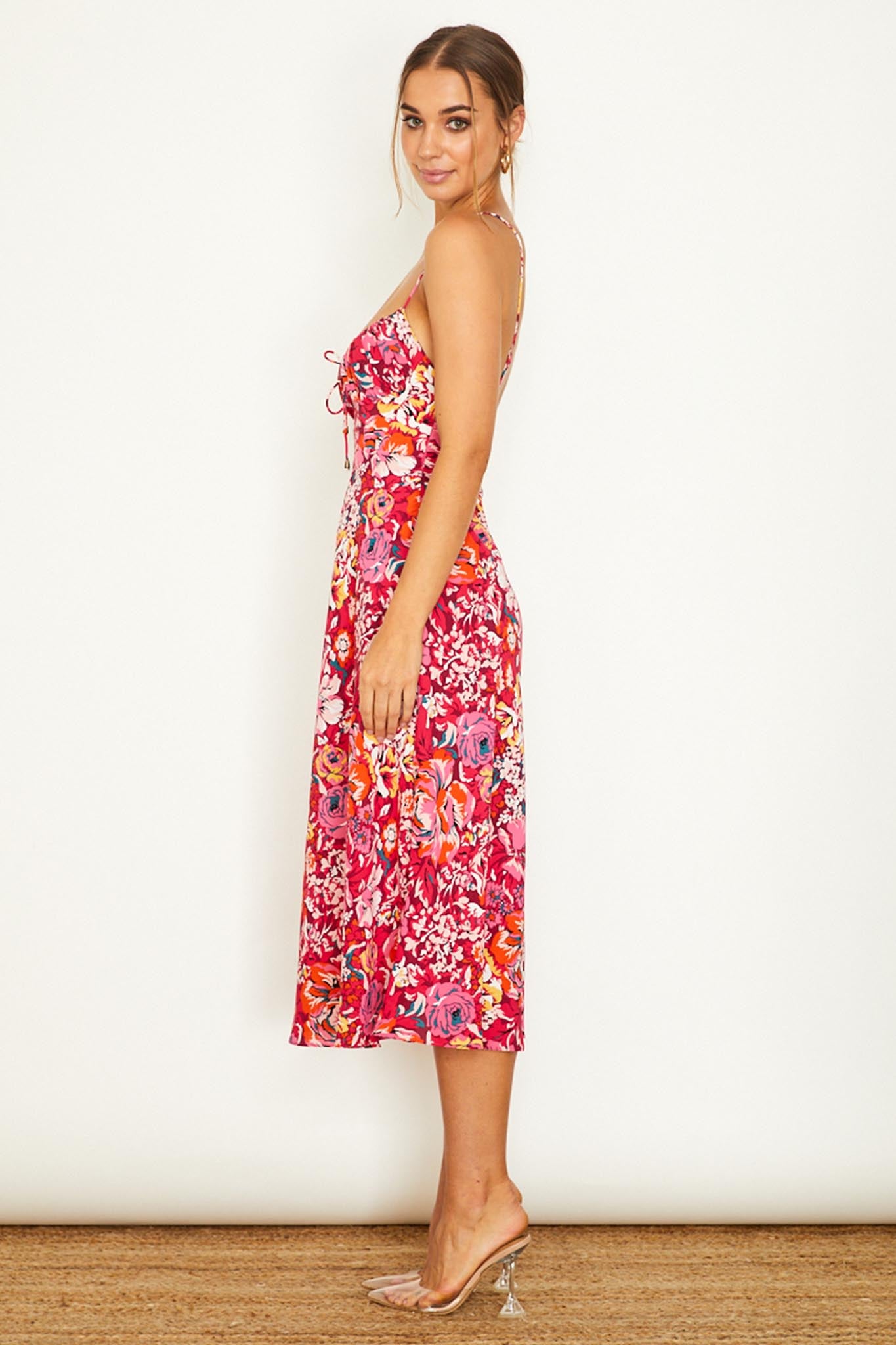 Malibu Gathered Bust Cami Strap Midi Dress Floral Red by Selfie Leslie