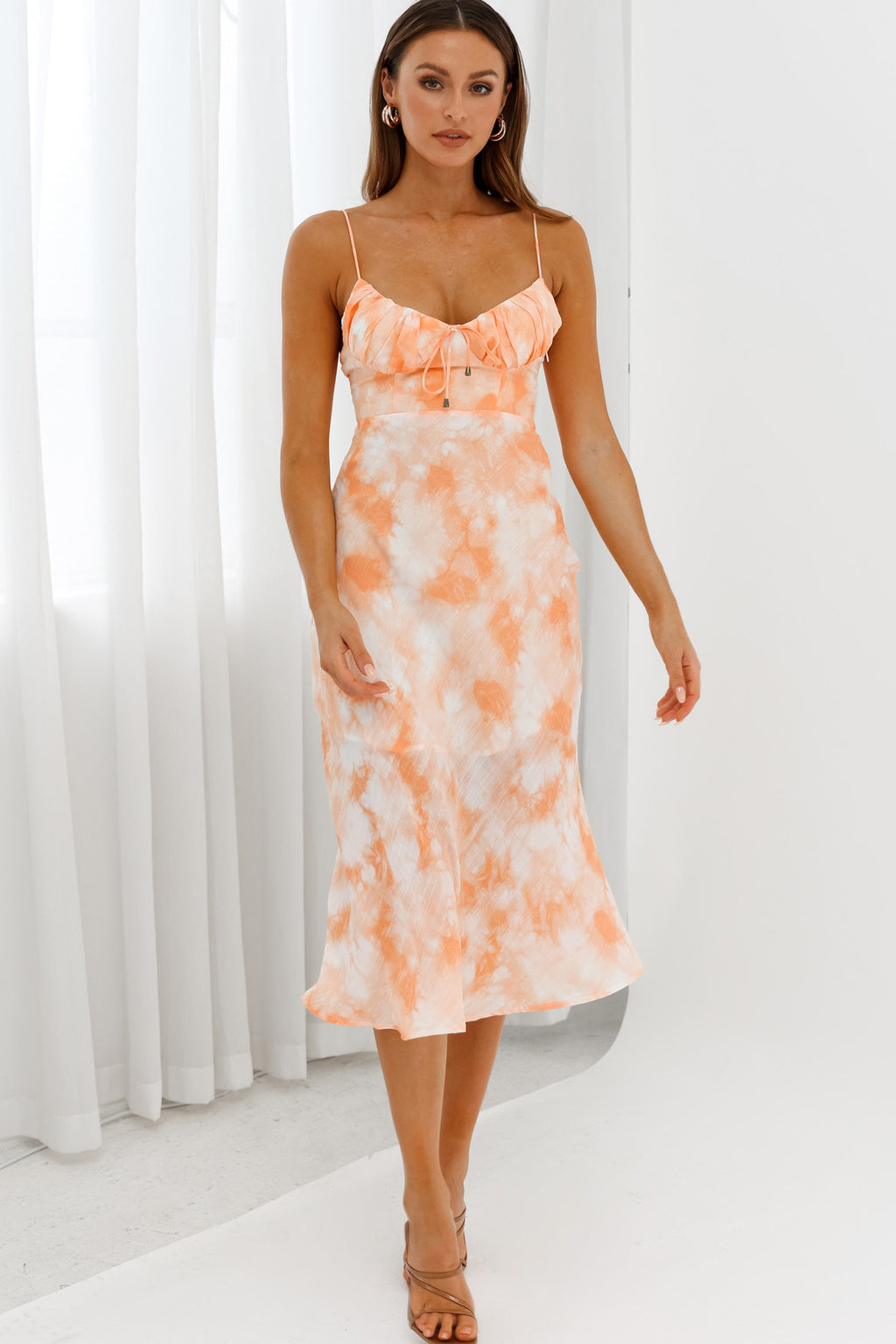 Malibu Gathered Bust Cami Strap Midi Dress Tie-Dye Orange by Selfie Leslie