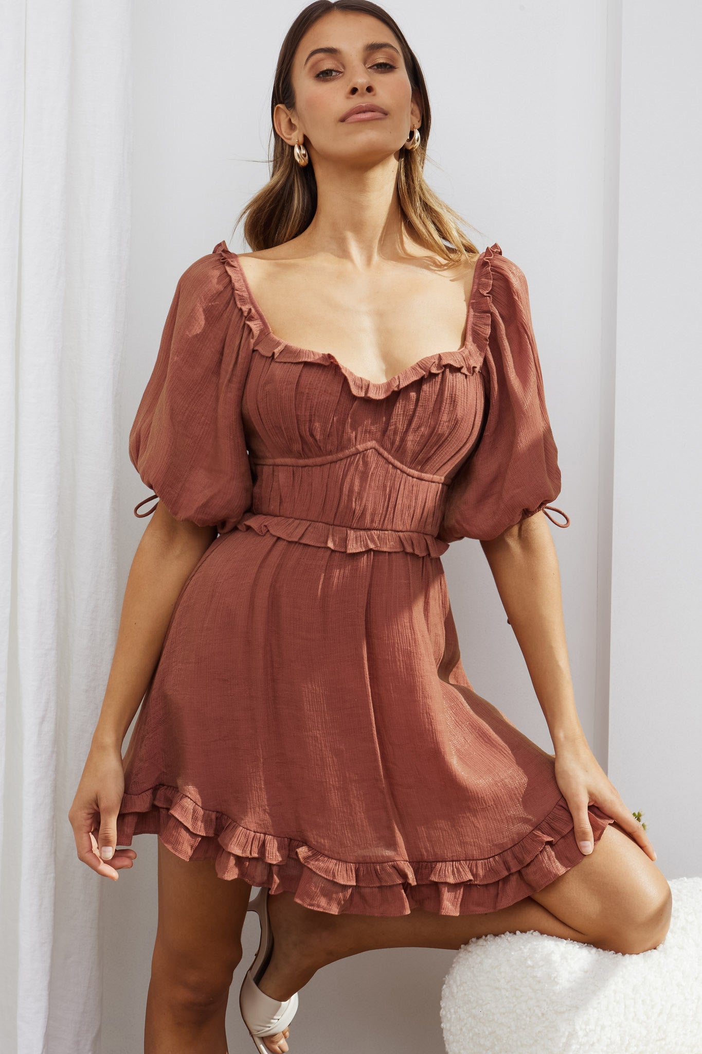 Kirra Puff Sleeve Ruched Bodice Dress Antique Rose by Selfie Leslie