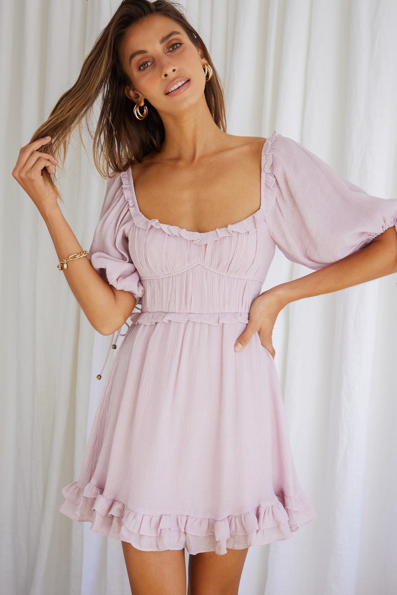 Kirra Puff Sleeve Ruched Bodice Dress Blush by Selfie Leslie