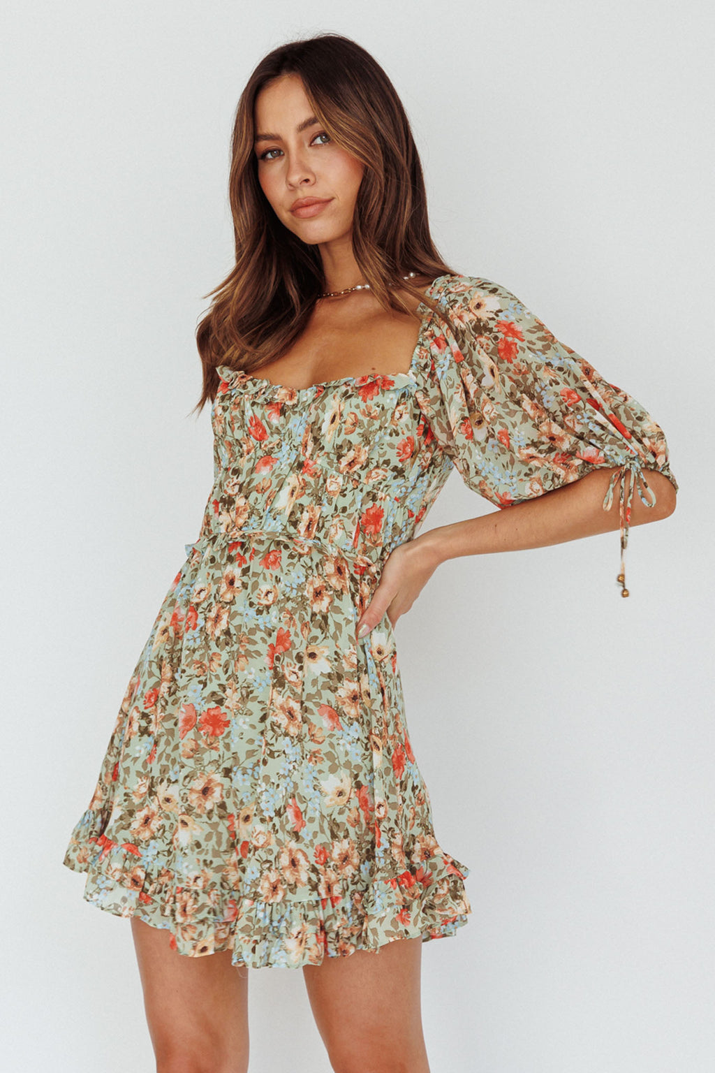 Kirra Puff Sleeve Ruched Bodice Dress Floral Green by Selfie Leslie