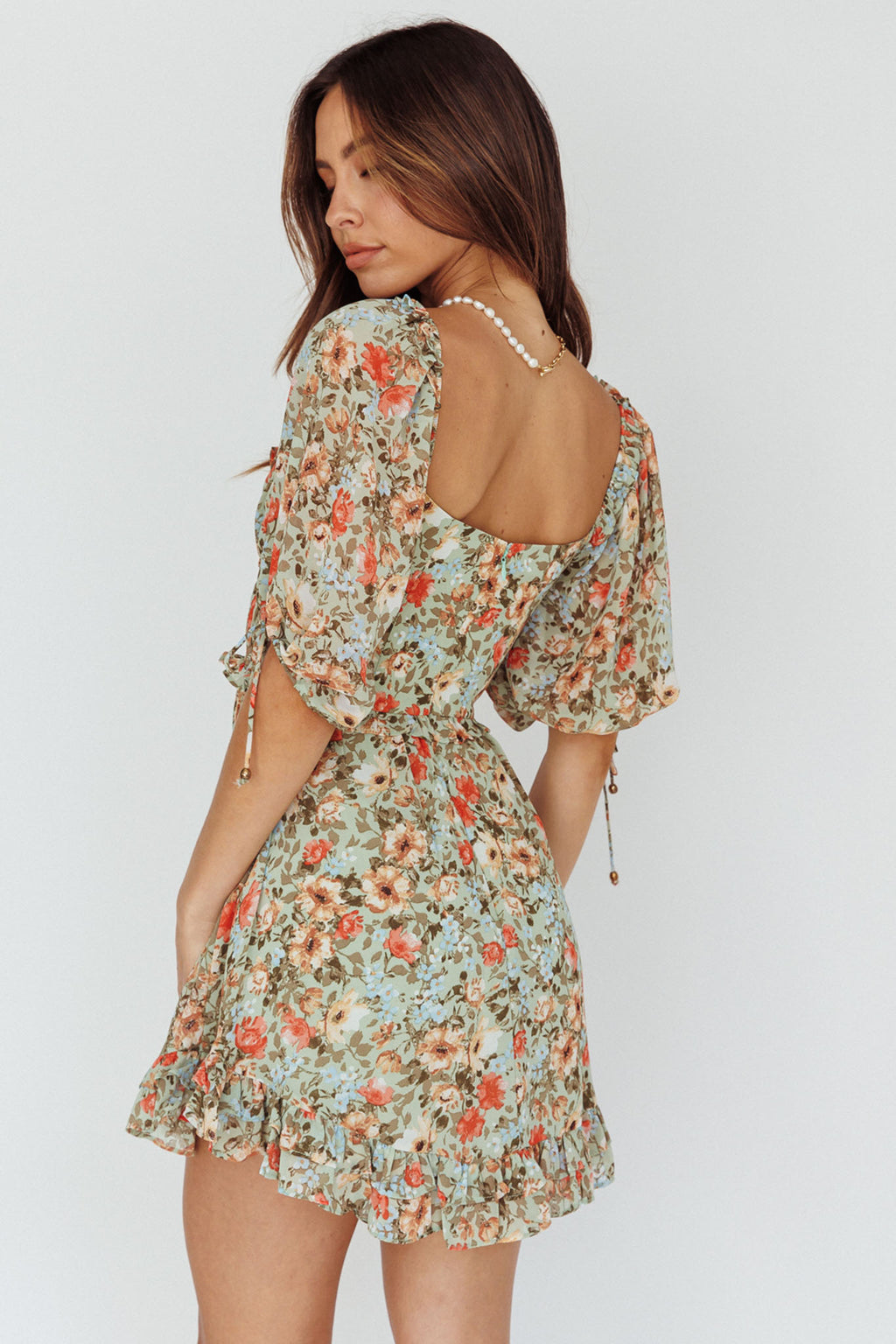 Kirra Puff Sleeve Ruched Bodice Dress Floral Green by Selfie Leslie