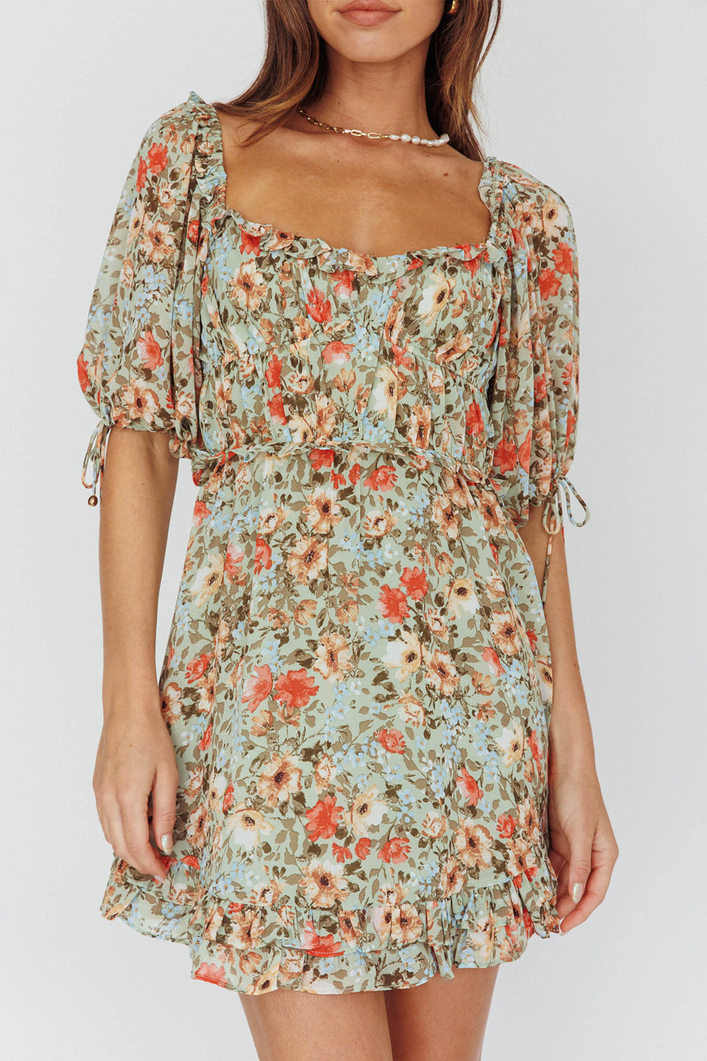 Kirra Puff Sleeve Ruched Bodice Dress Floral Green by Selfie Leslie
