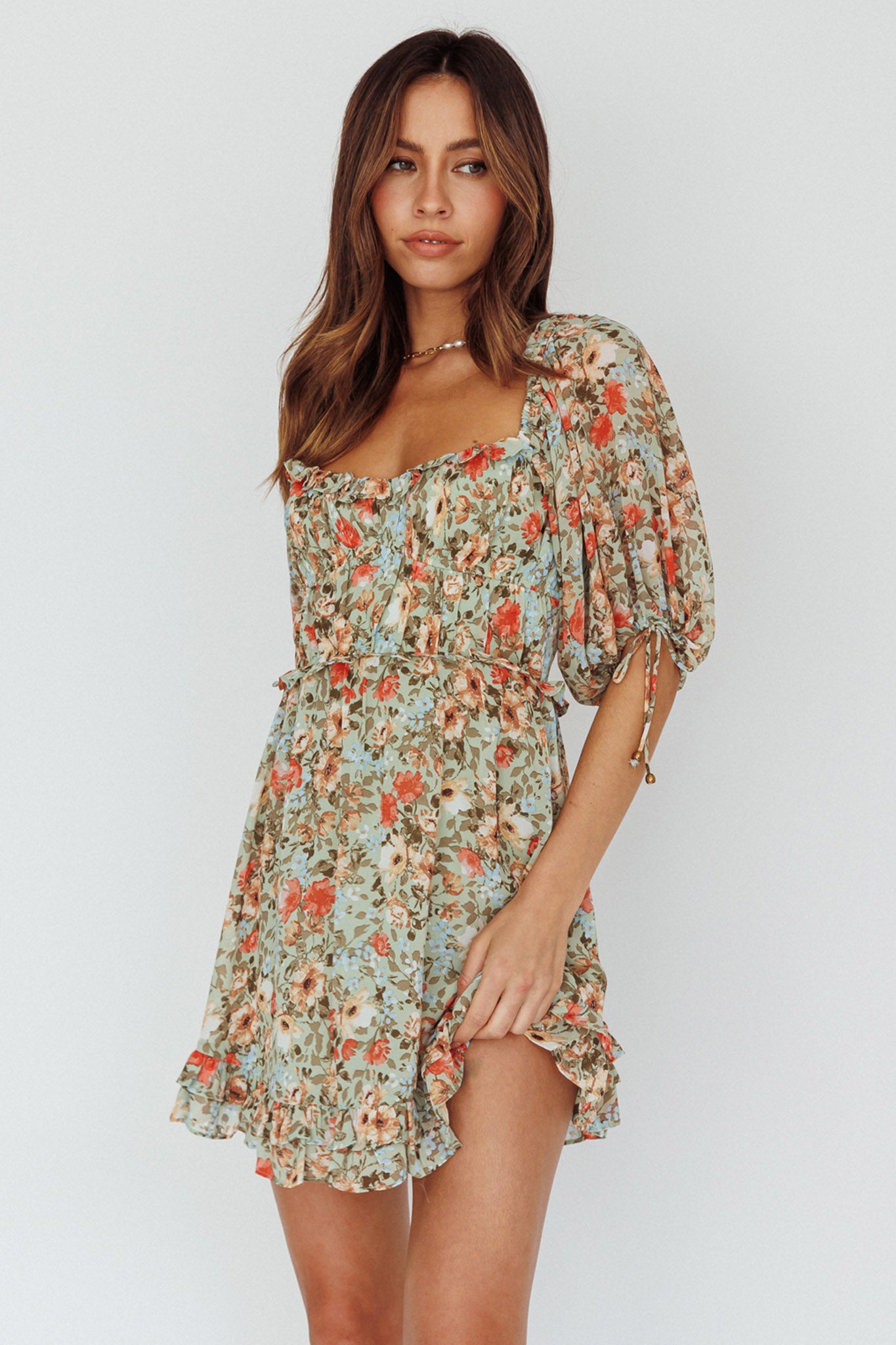Kirra Puff Sleeve Ruched Bodice Dress Floral Green by Selfie Leslie