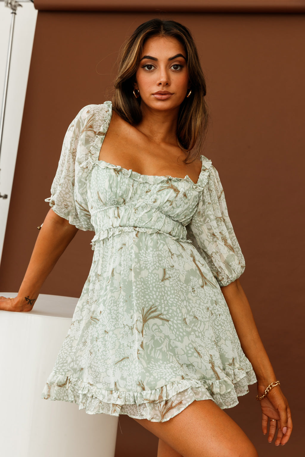 Kirra Puff Sleeve Ruched Bodice Dress Botanic Print Sage by Selfie Leslie