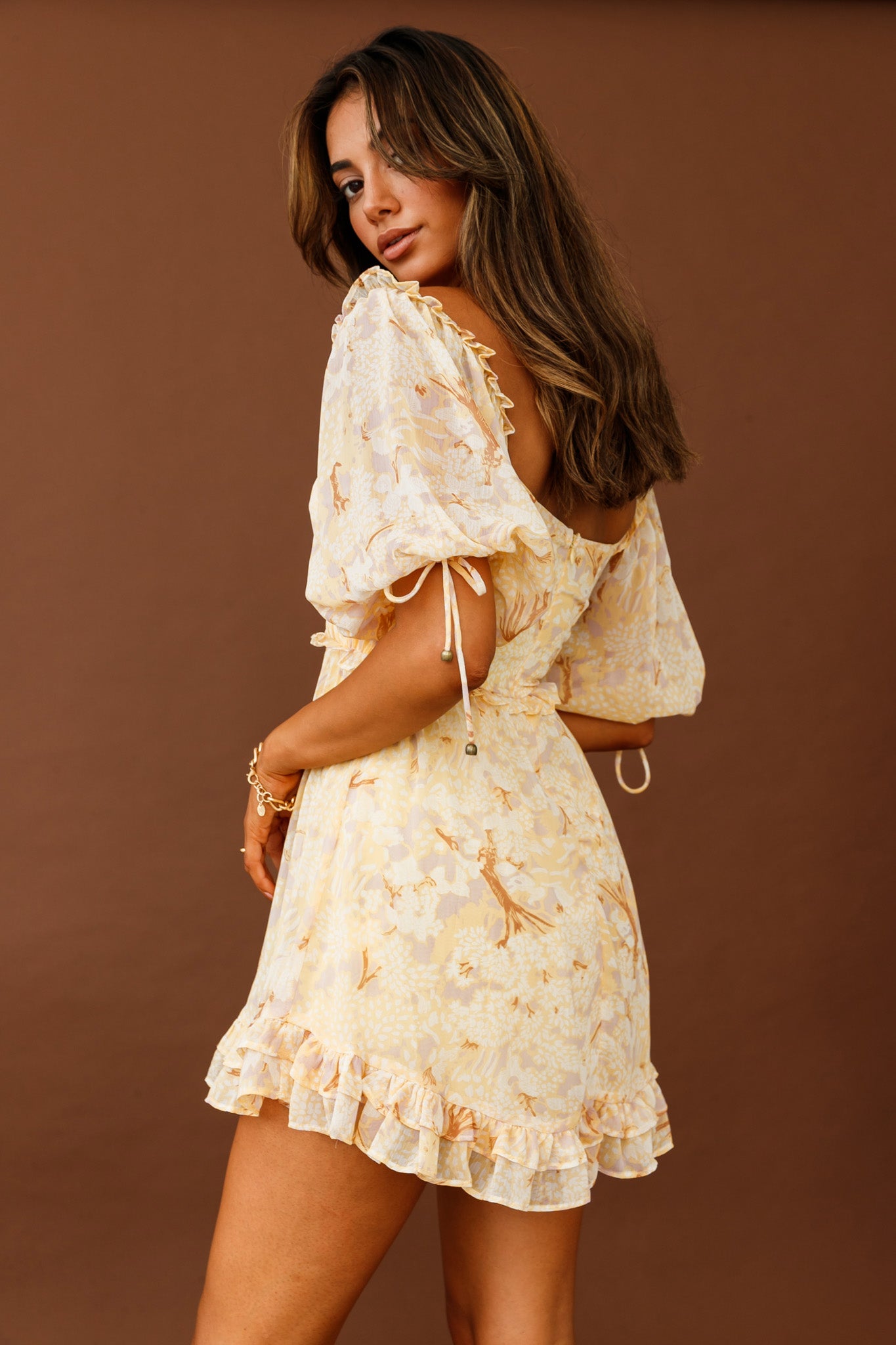 puff sleeve ruched dress Brown Floral Puff Sleeve Ruched Mini Dress
