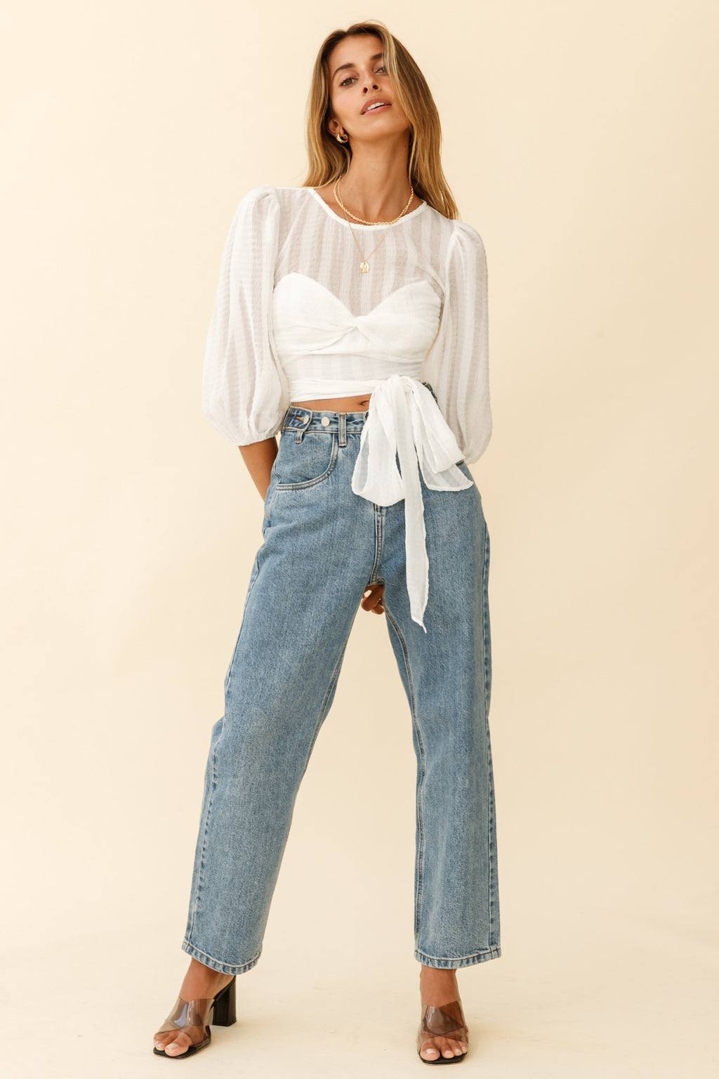 Emerson Puff Sleeve Waist Tie Top White by Selfie Leslie