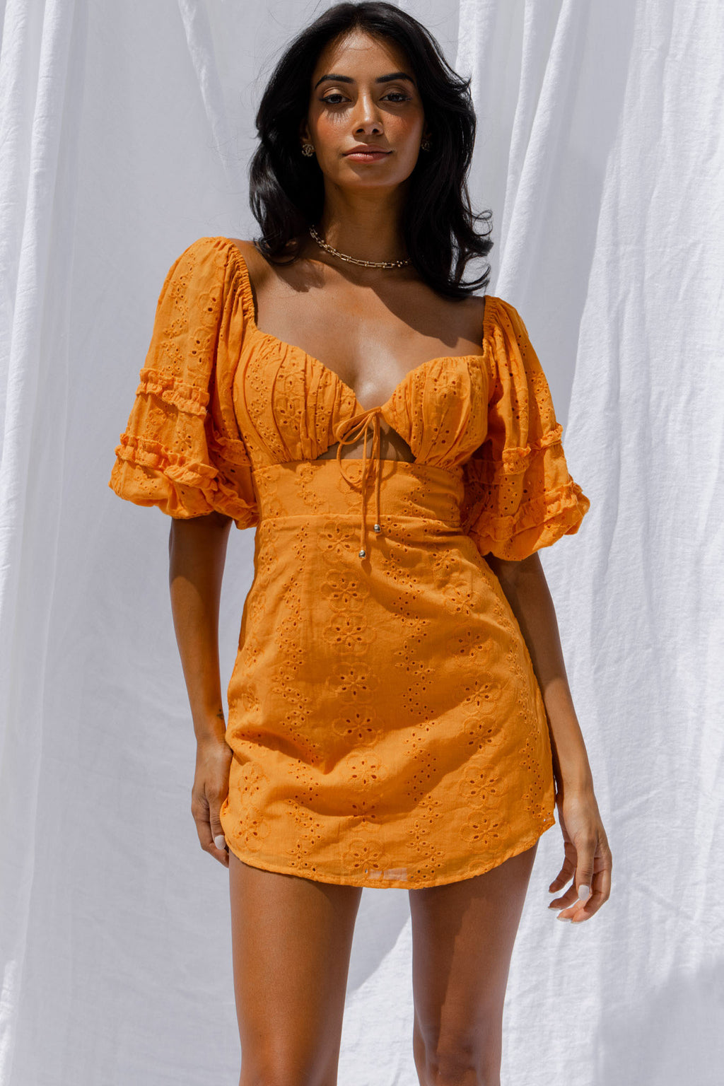 Sweet Romance Puff Sleeve Eyelet Mini Dress Sunset by Selfie Leslie