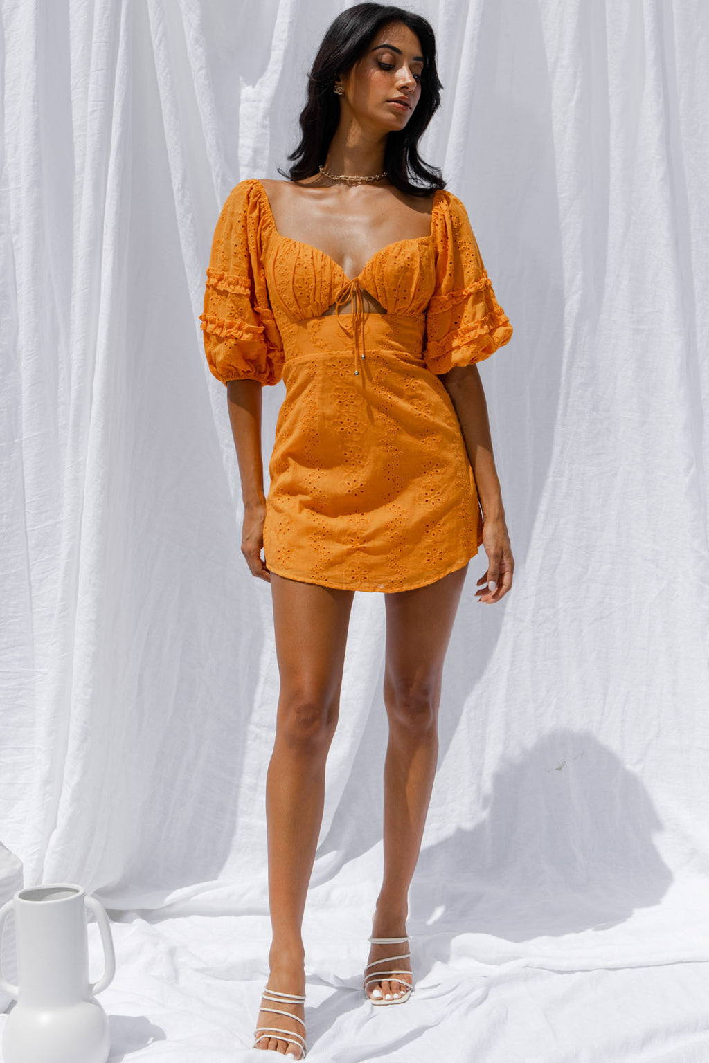 Sweet Romance Puff Sleeve Eyelet Mini Dress Sunset by Selfie Leslie