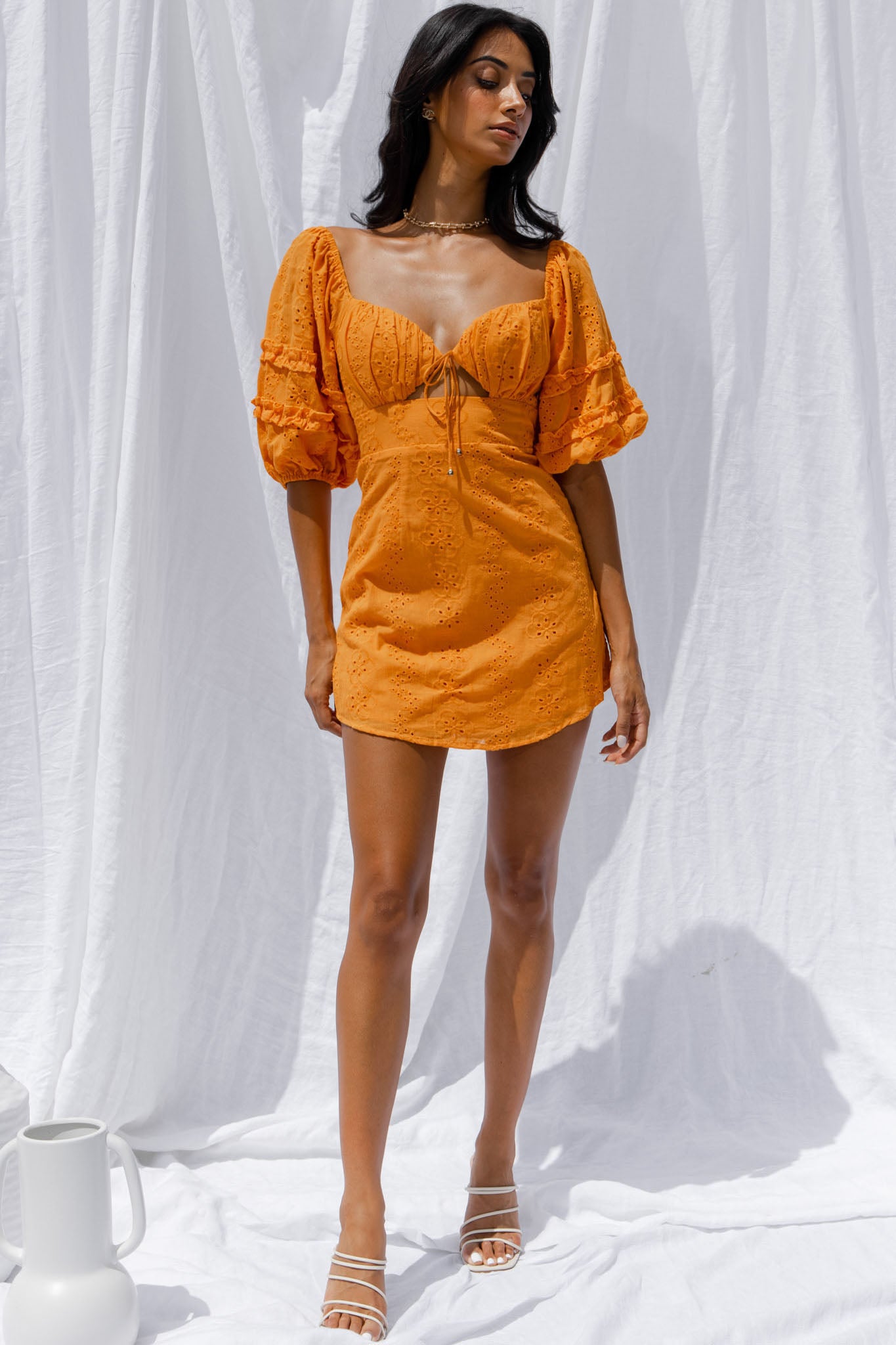 Sweet Romance Puff Sleeve Eyelet Mini Dress Sunset by Selfie Leslie