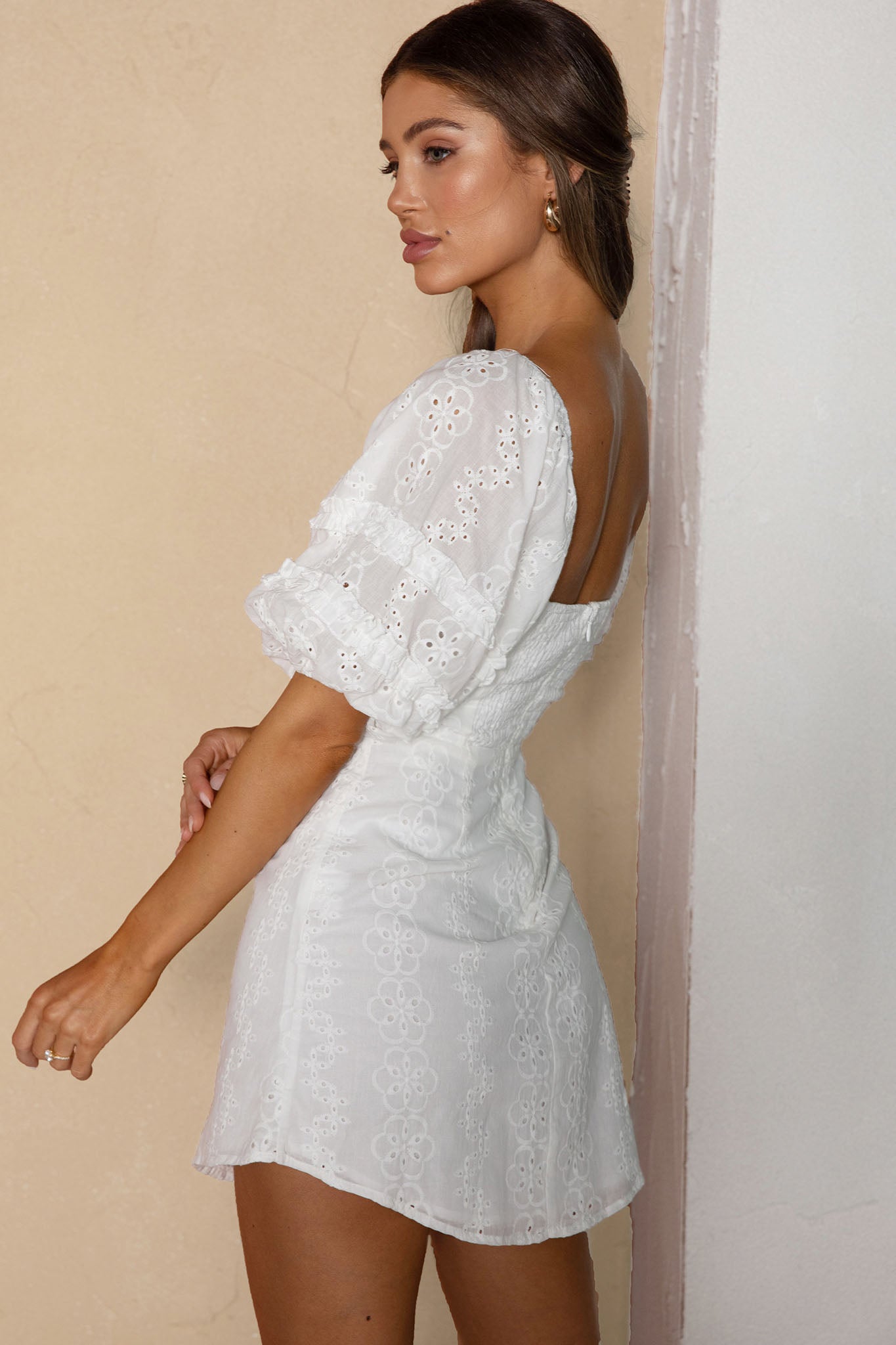 Sweet Romance Puff Sleeve Eyelet Mini Dress White Sweet Romance Puff Sleeve Eyelet Mini Dress White