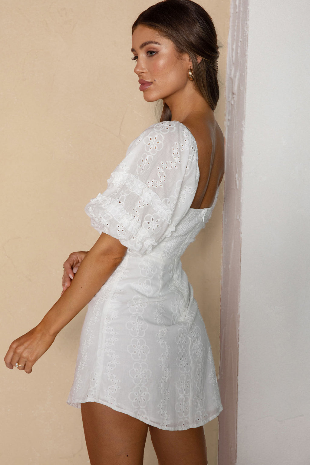 Sweet Romance Puff Sleeve Eyelet Mini Dress White by Selfie Leslie