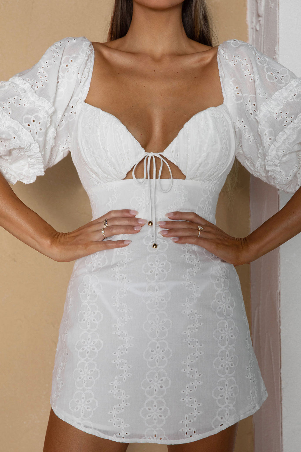 Sweet Romance Puff Sleeve Eyelet Mini Dress White by Selfie Leslie