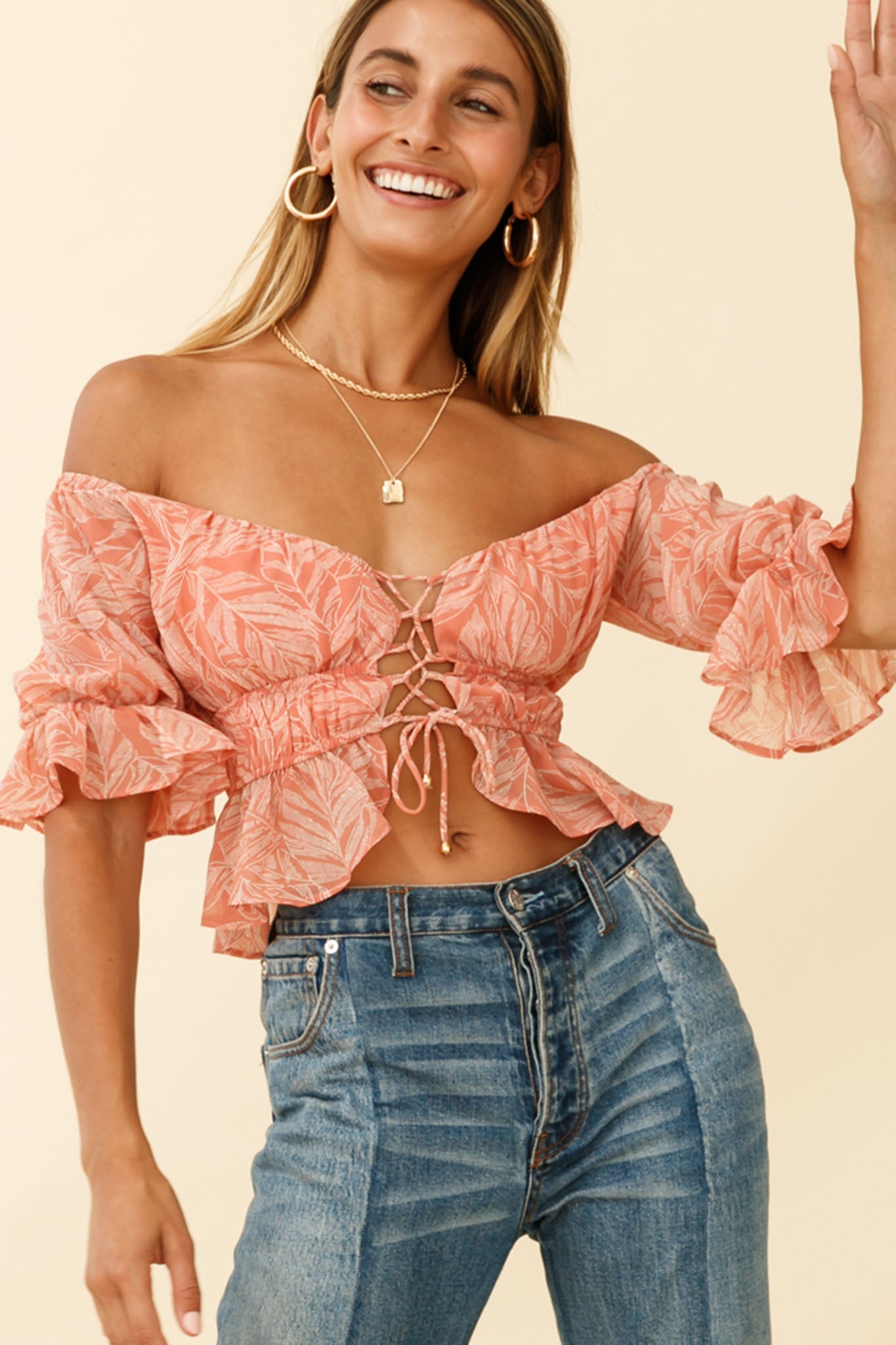 Josephina Off-Shoulder Lace-Up Front Crop Top Palm Print Pink by Selfie Leslie
