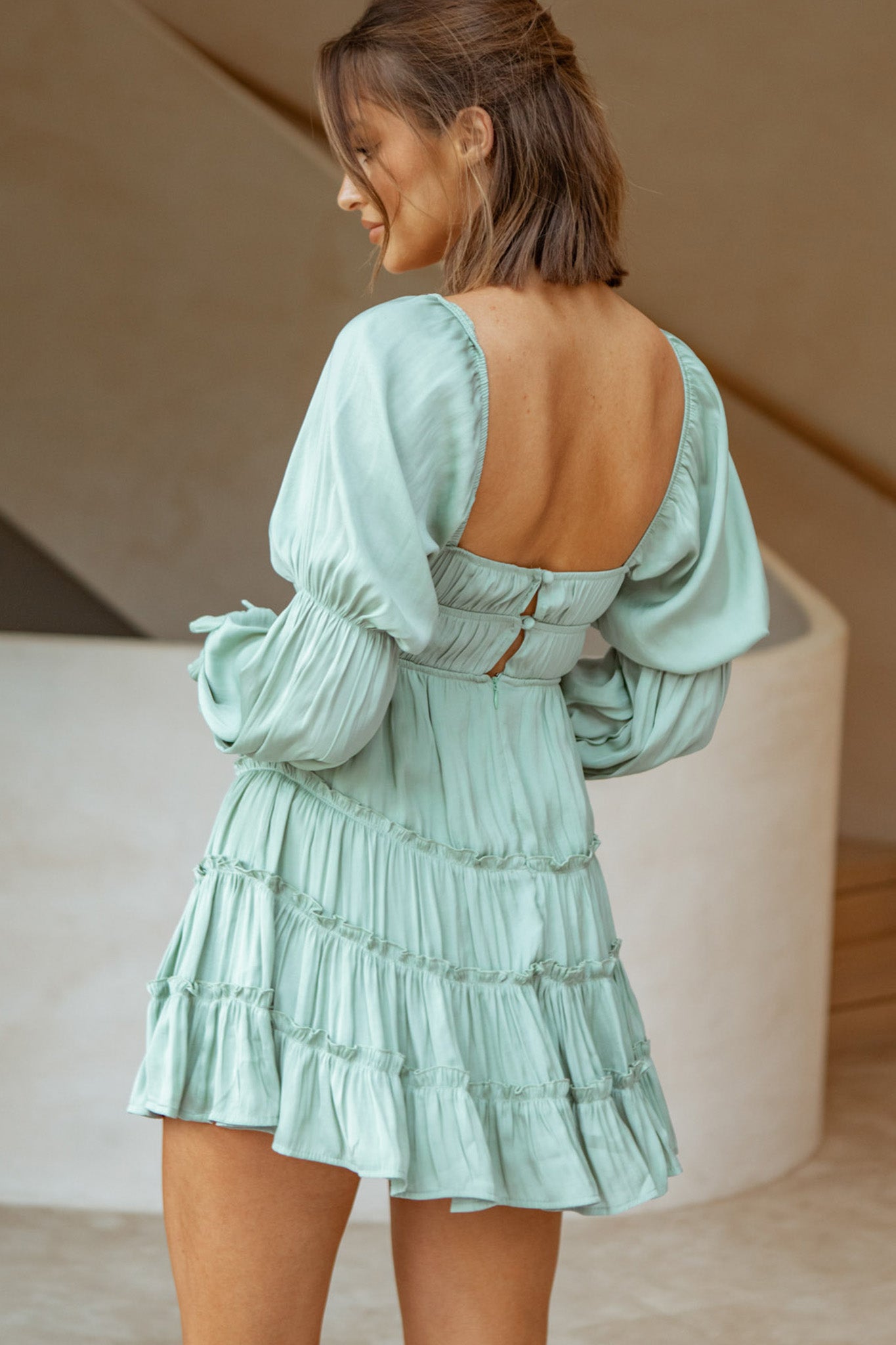 Josephina Lace-Up Front Long Sleeve Mini Dress Avocado by Selfie Leslie