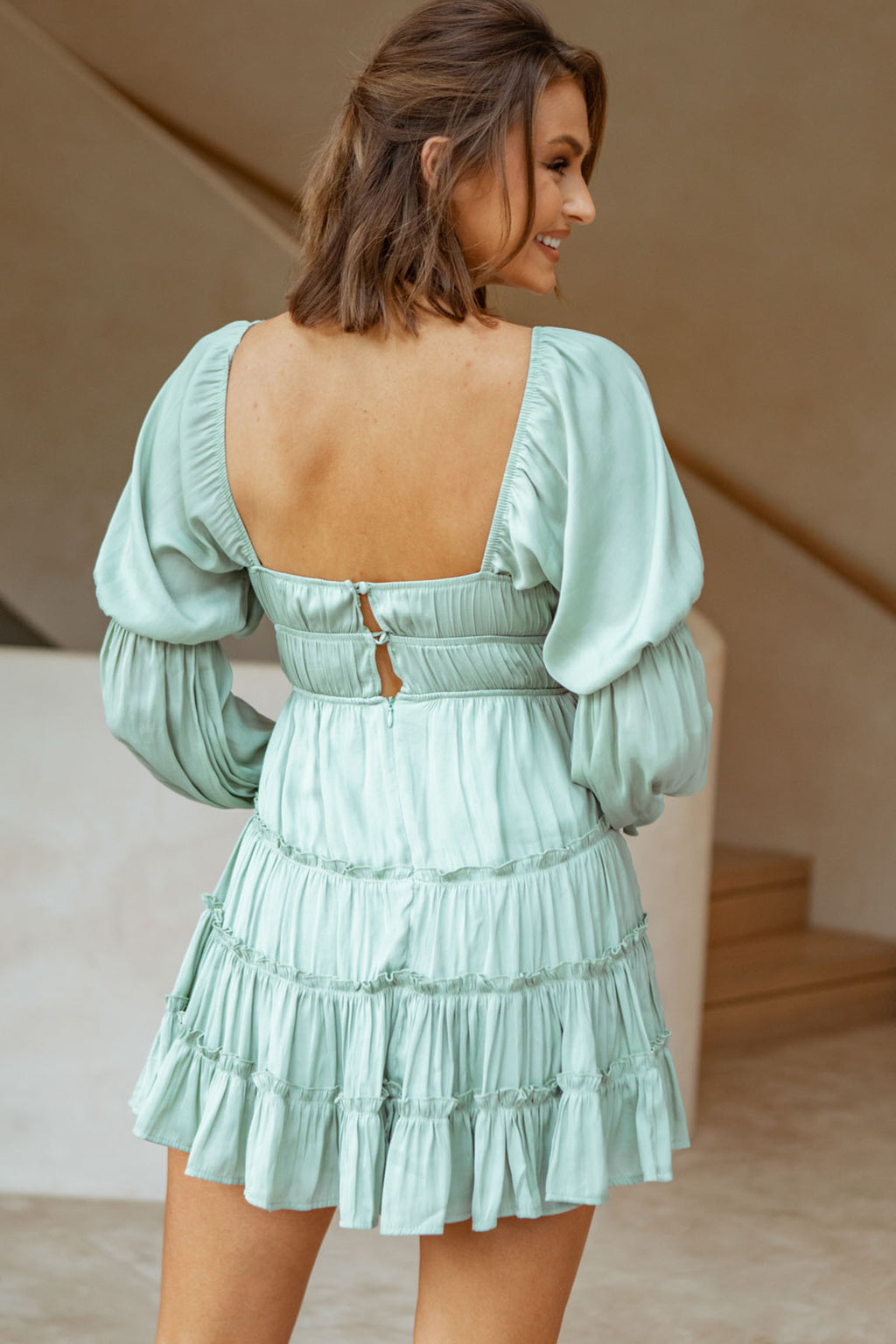 Josephina Lace-Up Front Long Sleeve Mini Dress Avocado by Selfie Leslie