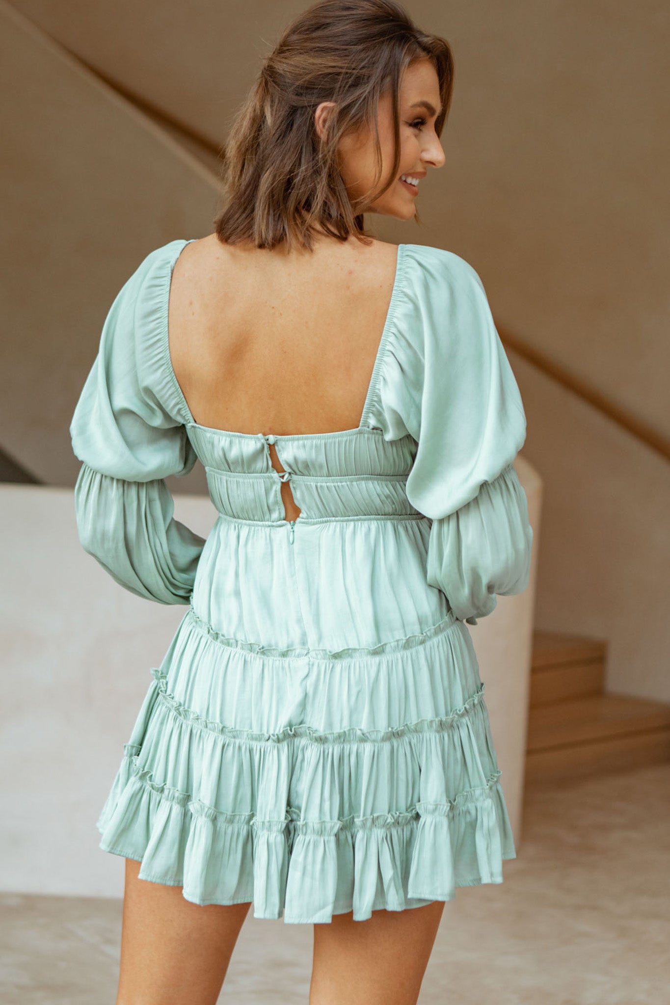 Josephina Lace-Up Front Long Sleeve Mini Dress Avocado by Selfie Leslie