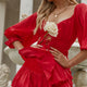 Josephina Lace-Up Front Balloon Sleeve Romper Red