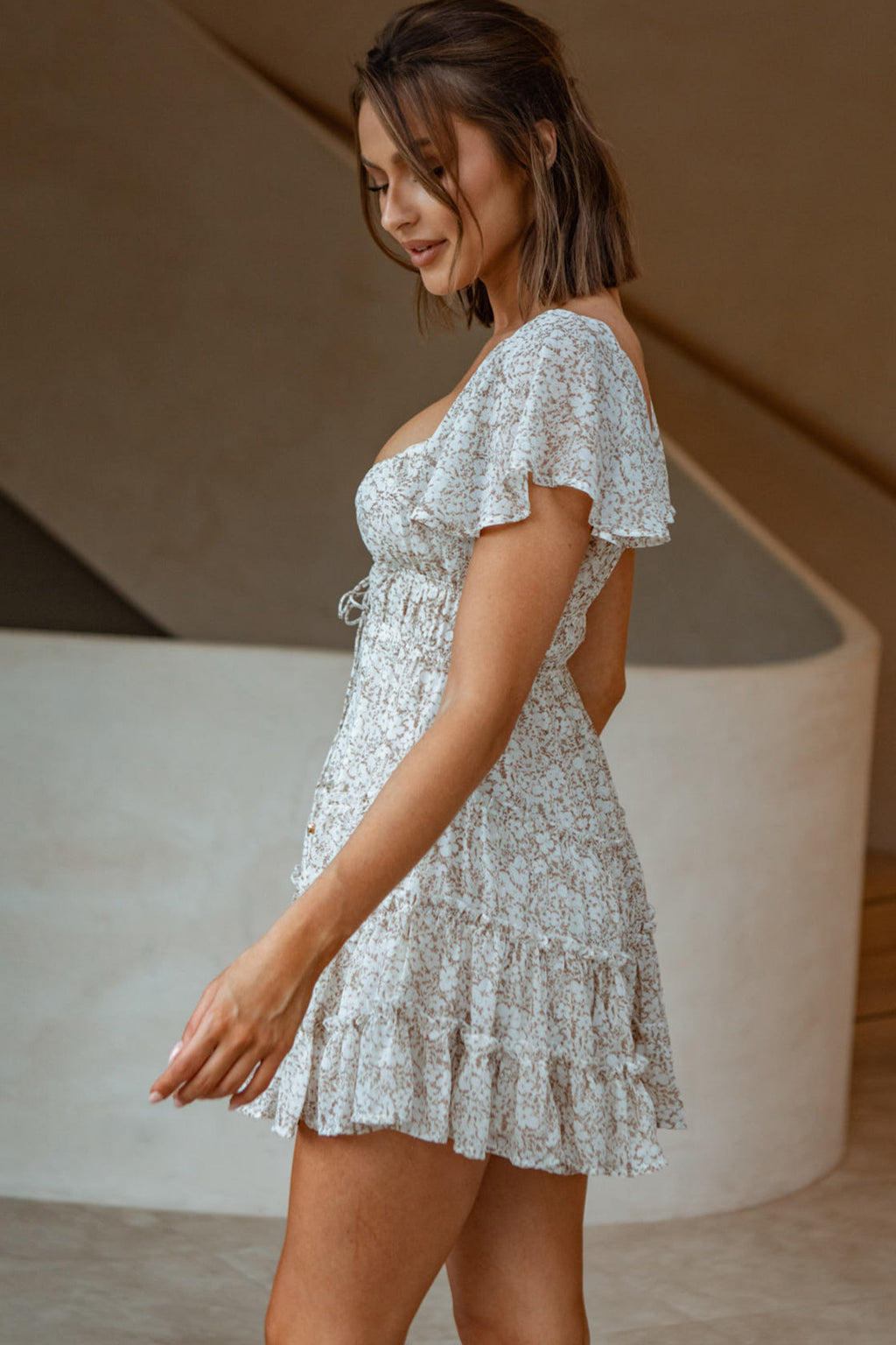 Josephina Lace-Up Front Flutter Sleeve Dress Floral Print Beige by Selfie Leslie