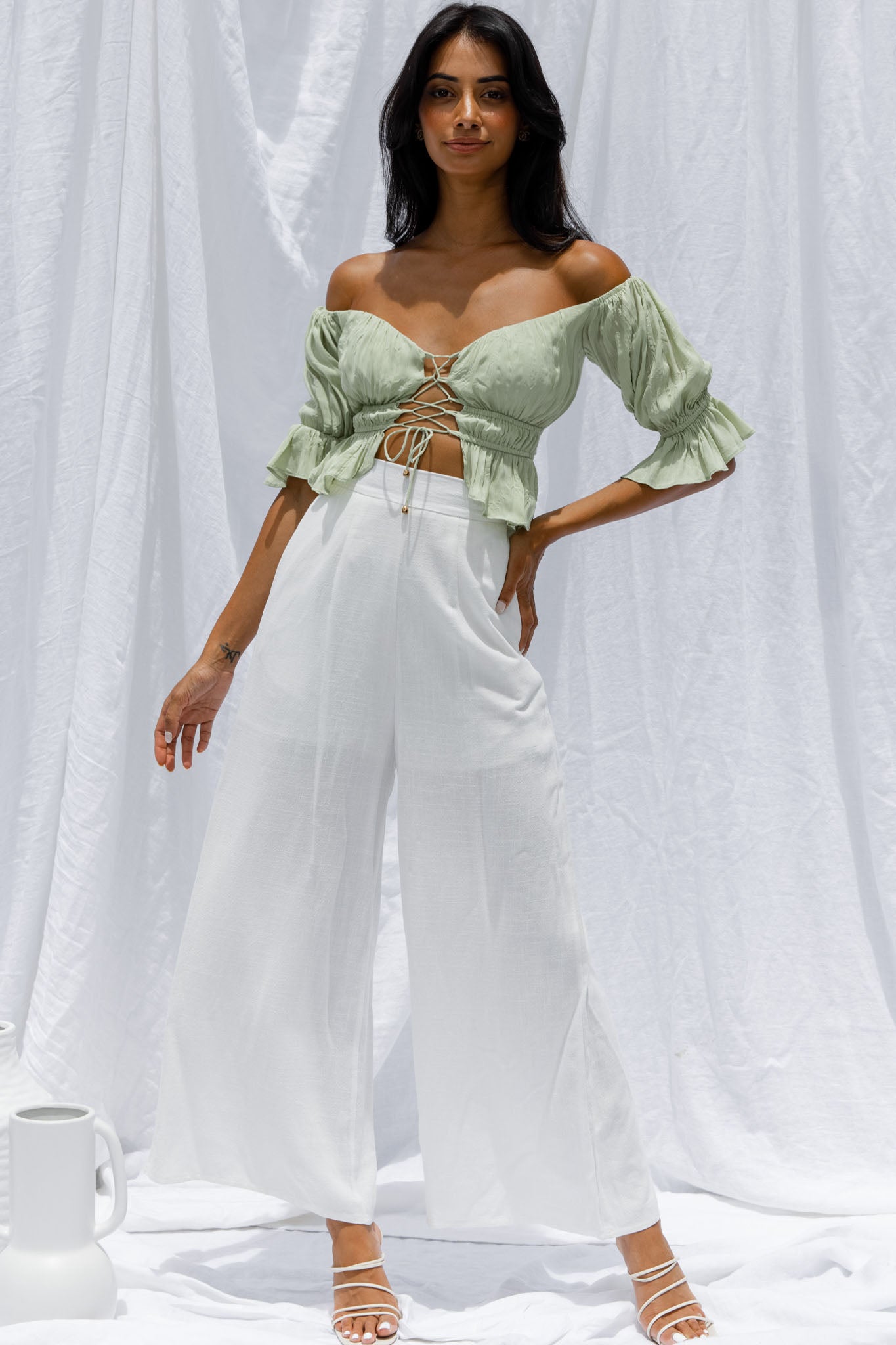 Josephina Off-Shoulder Lace-Up Front Crop Top Apple by Selfie Leslie