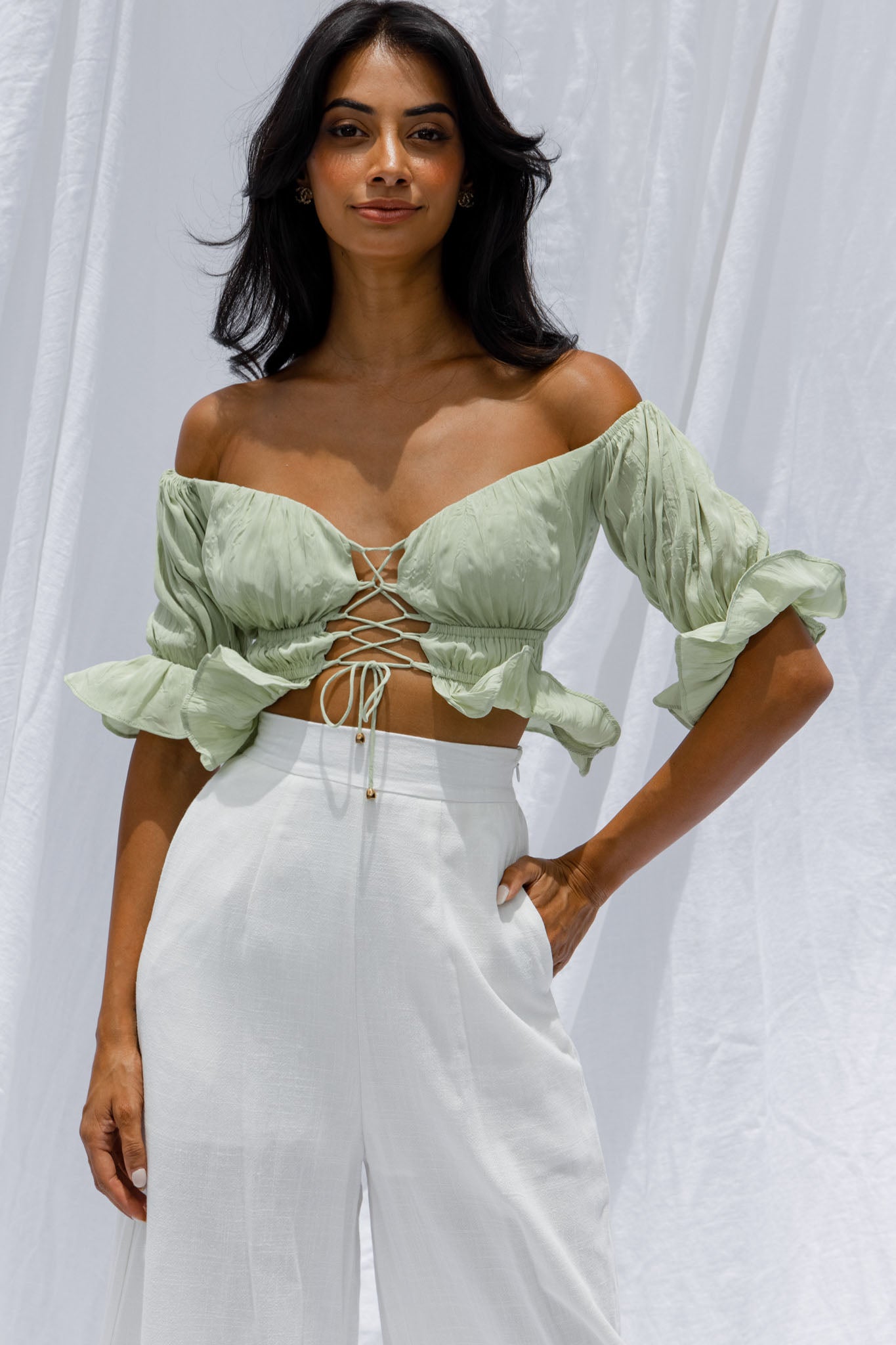 Josephina Off-Shoulder Lace-Up Front Crop Top Apple by Selfie Leslie