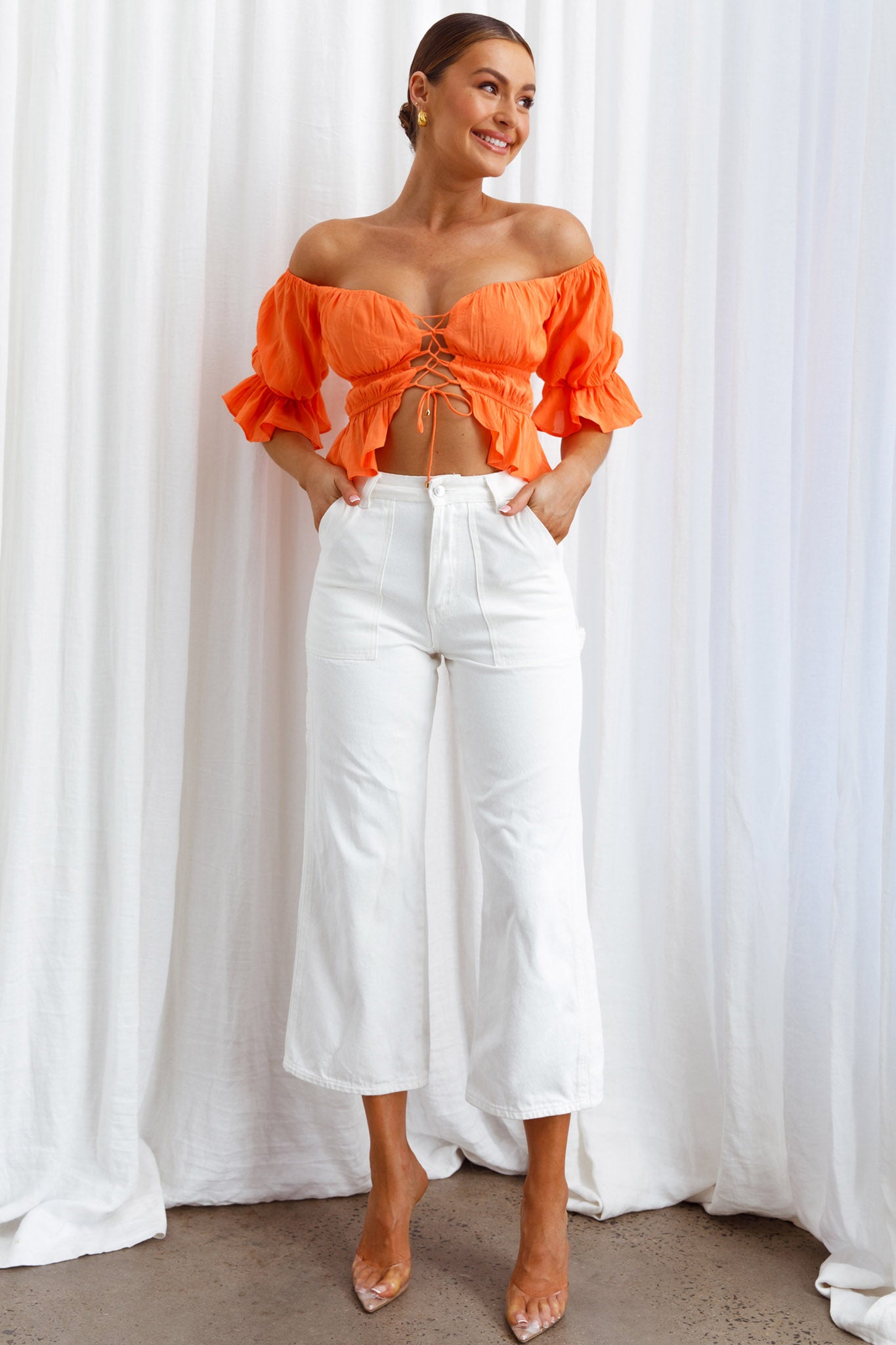 Shop the Josephina Off-Shoulder Lace-Up Front Crop Top Neon Orange