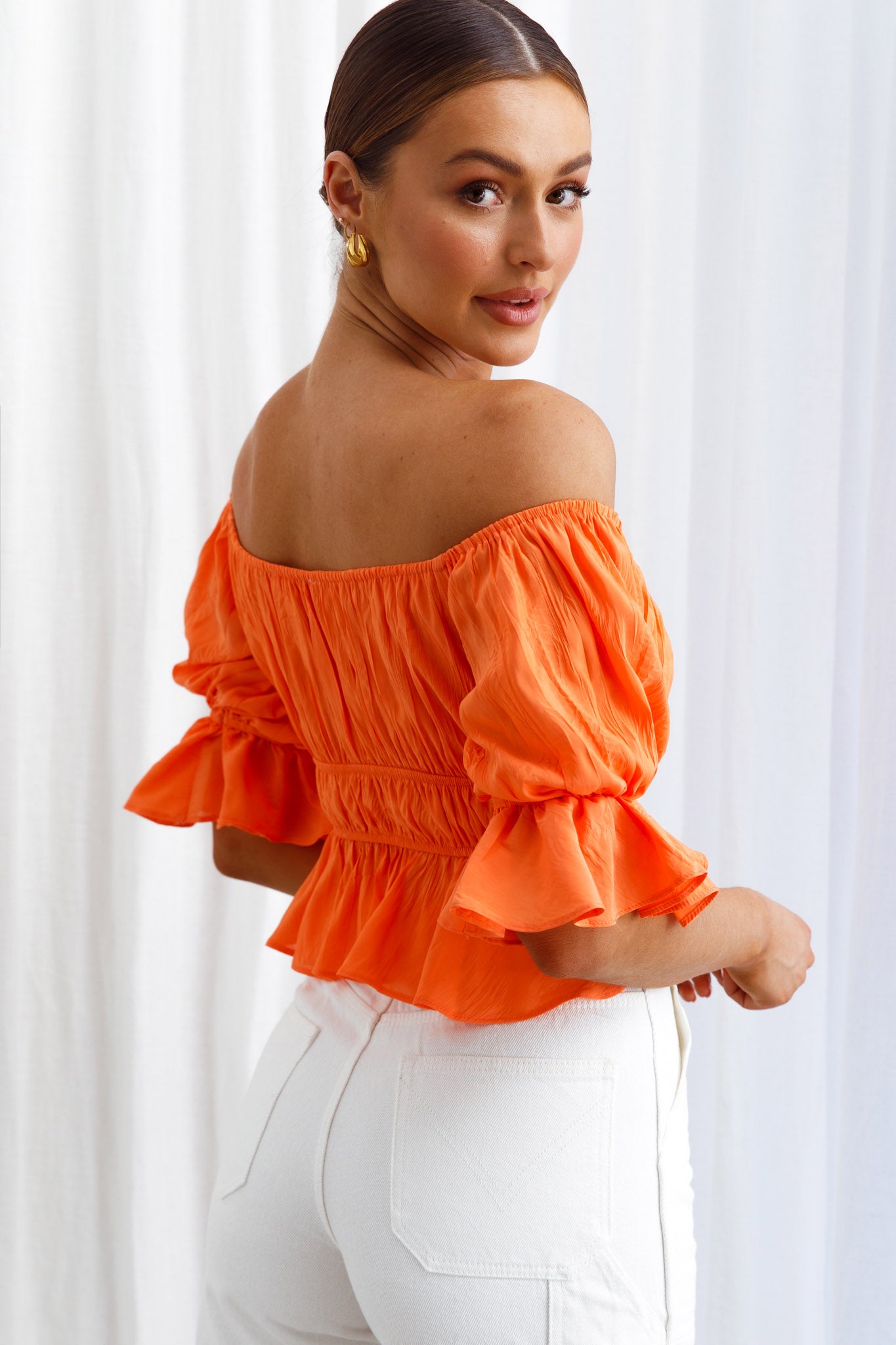 Shop the Josephina Off-Shoulder Lace-Up Front Crop Top Neon Orange