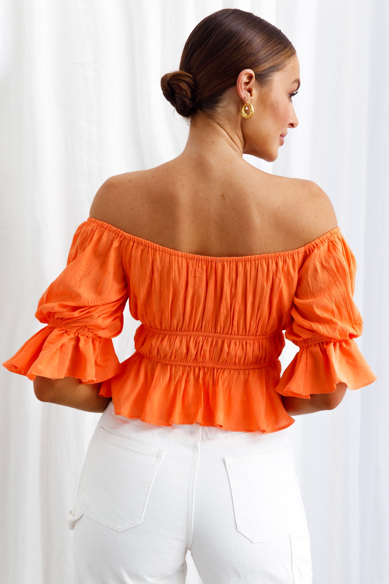 Josephina Off-Shoulder Lace-Up Front Crop Top Neon Orange by Selfie Leslie