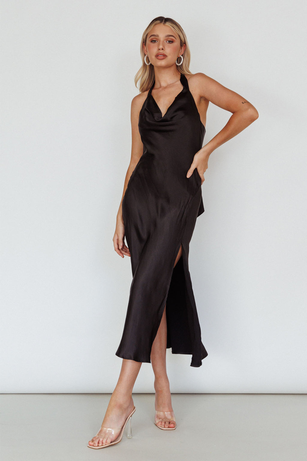 Champagne Showers Halterneck Slip Midi Dress Black by Selfie Leslie